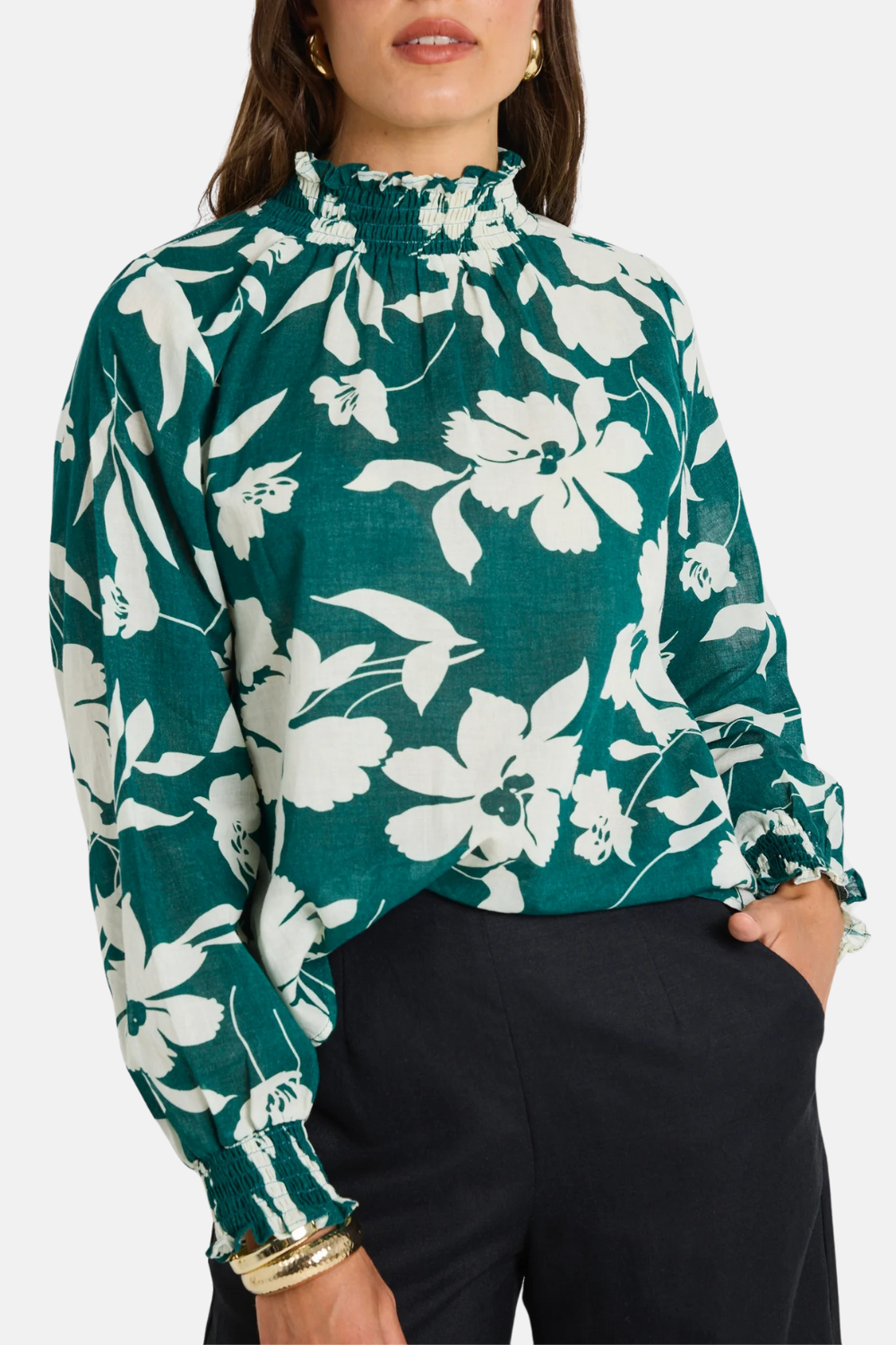 AFFECTION FOREST FLORAL SHIRRED HIGH NECK TOP