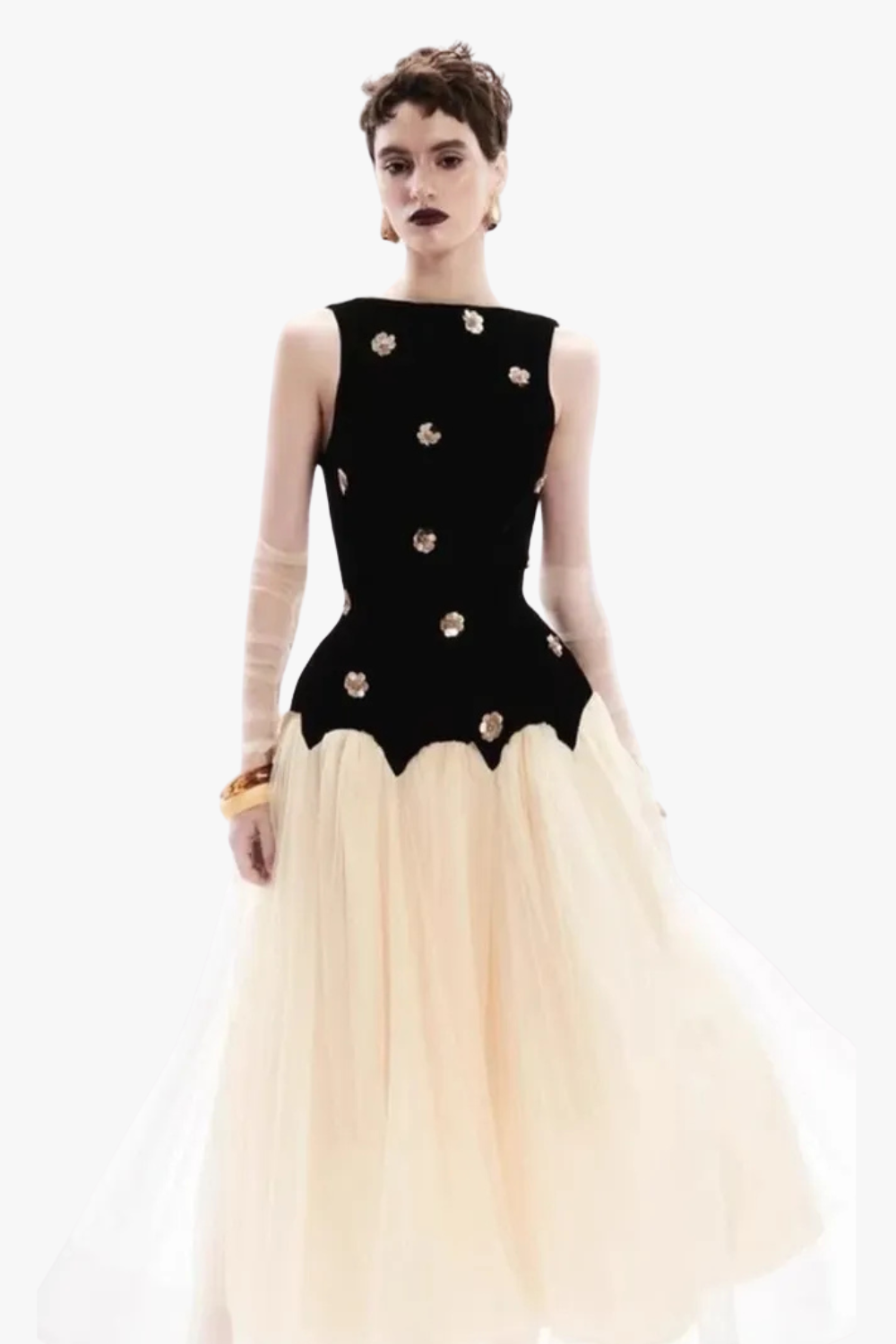 STEREOSCOPIC FLORAL SLEEVELESS MESH MIDI DRESS