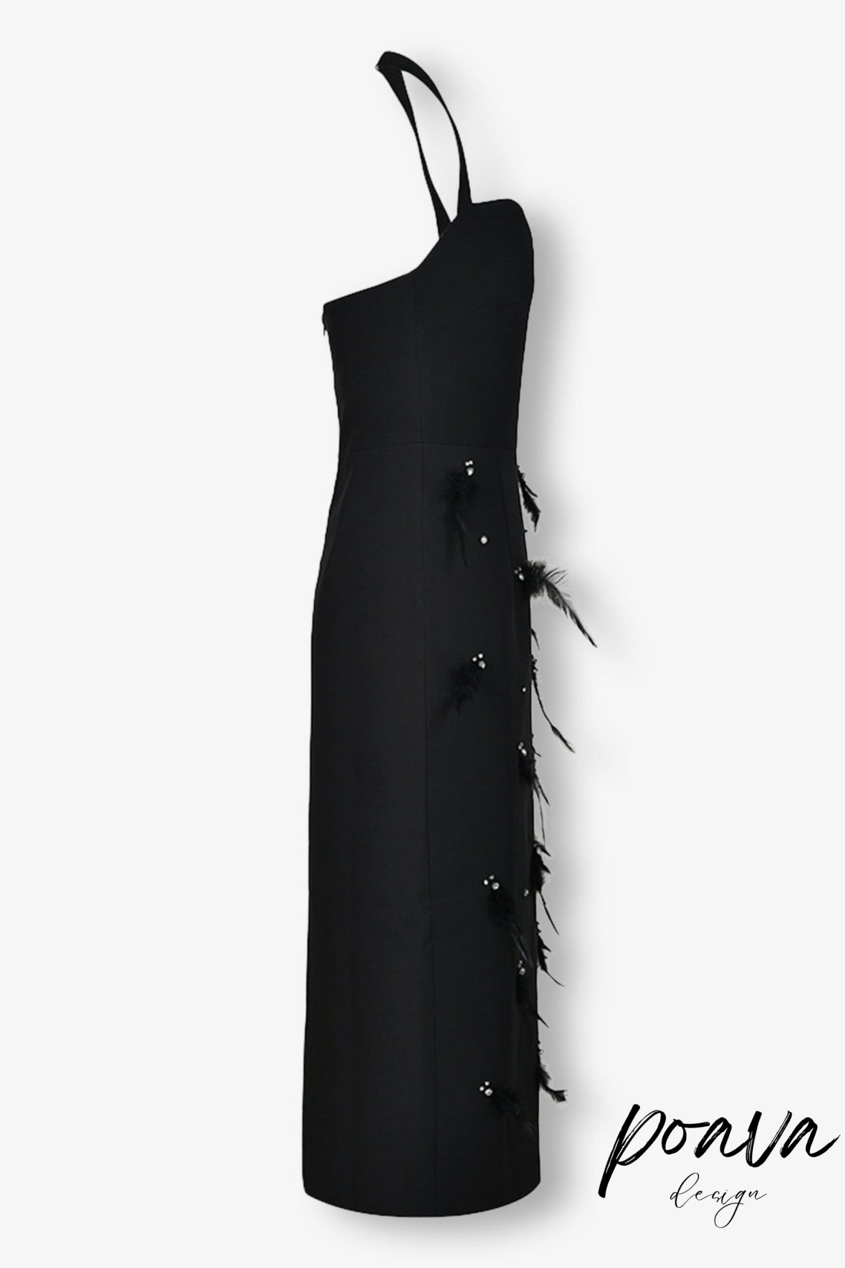 FEATHER RHINESTONE BODYCON MIDI DRESS BLACK