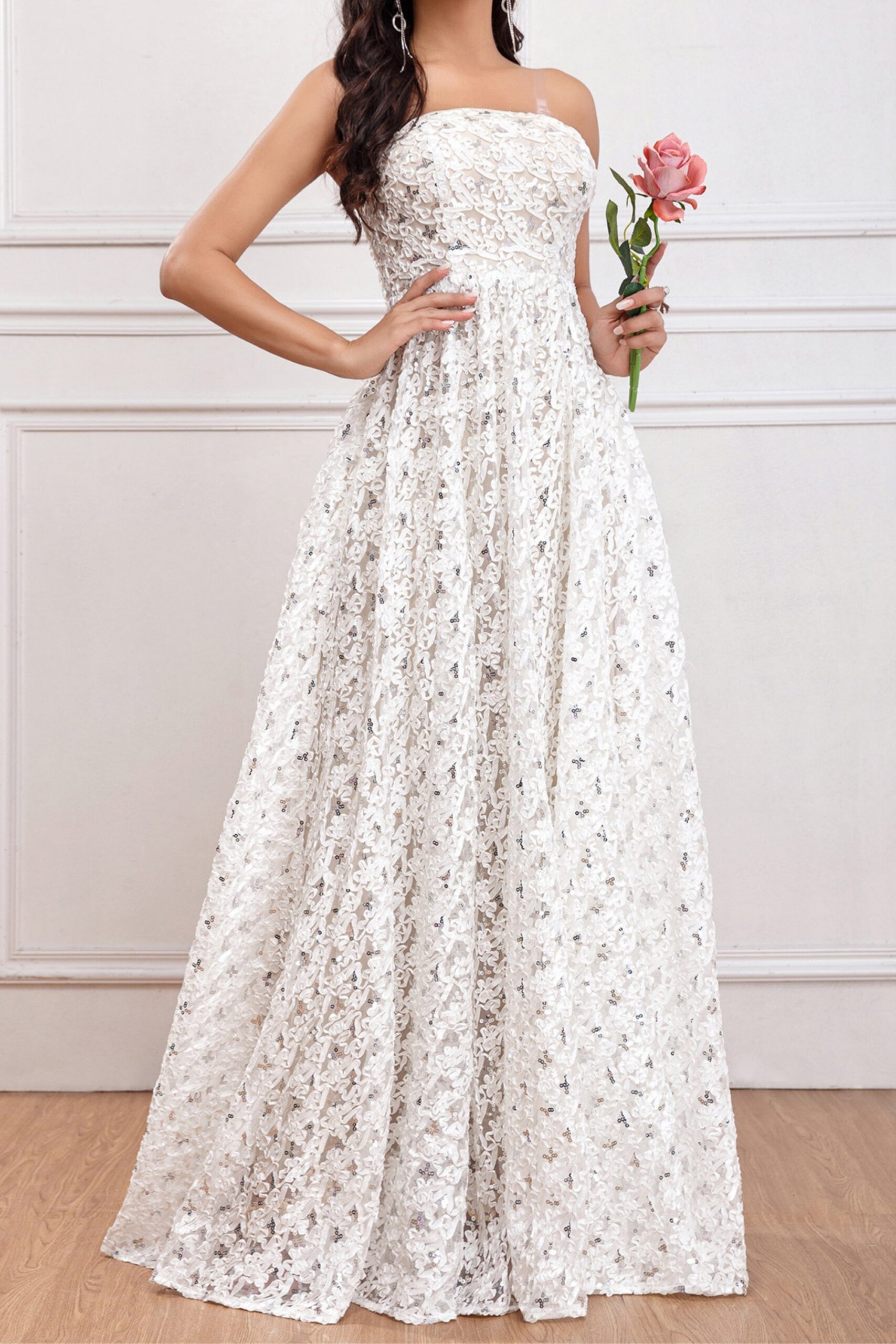 AURA SEQUIN A-LINE WHITE MAXI DRESS FOR EVENTS