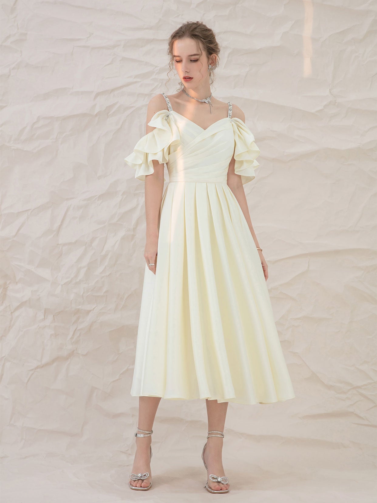 LIGHT YELLOW SATIN MIDI PROM DRESS