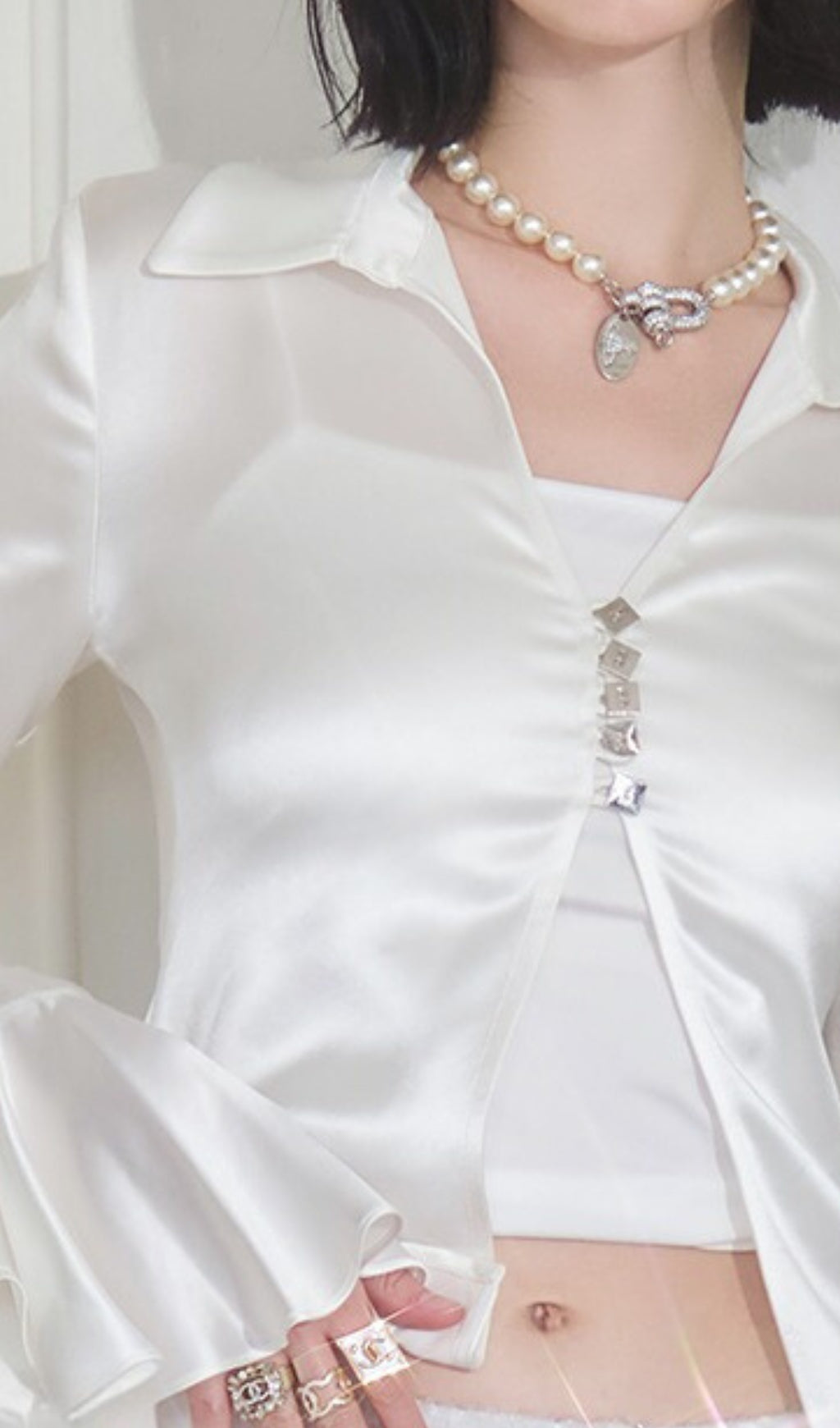 WHITE SATIN RUFFLE BLOUSE FOR WEDDING GUEST