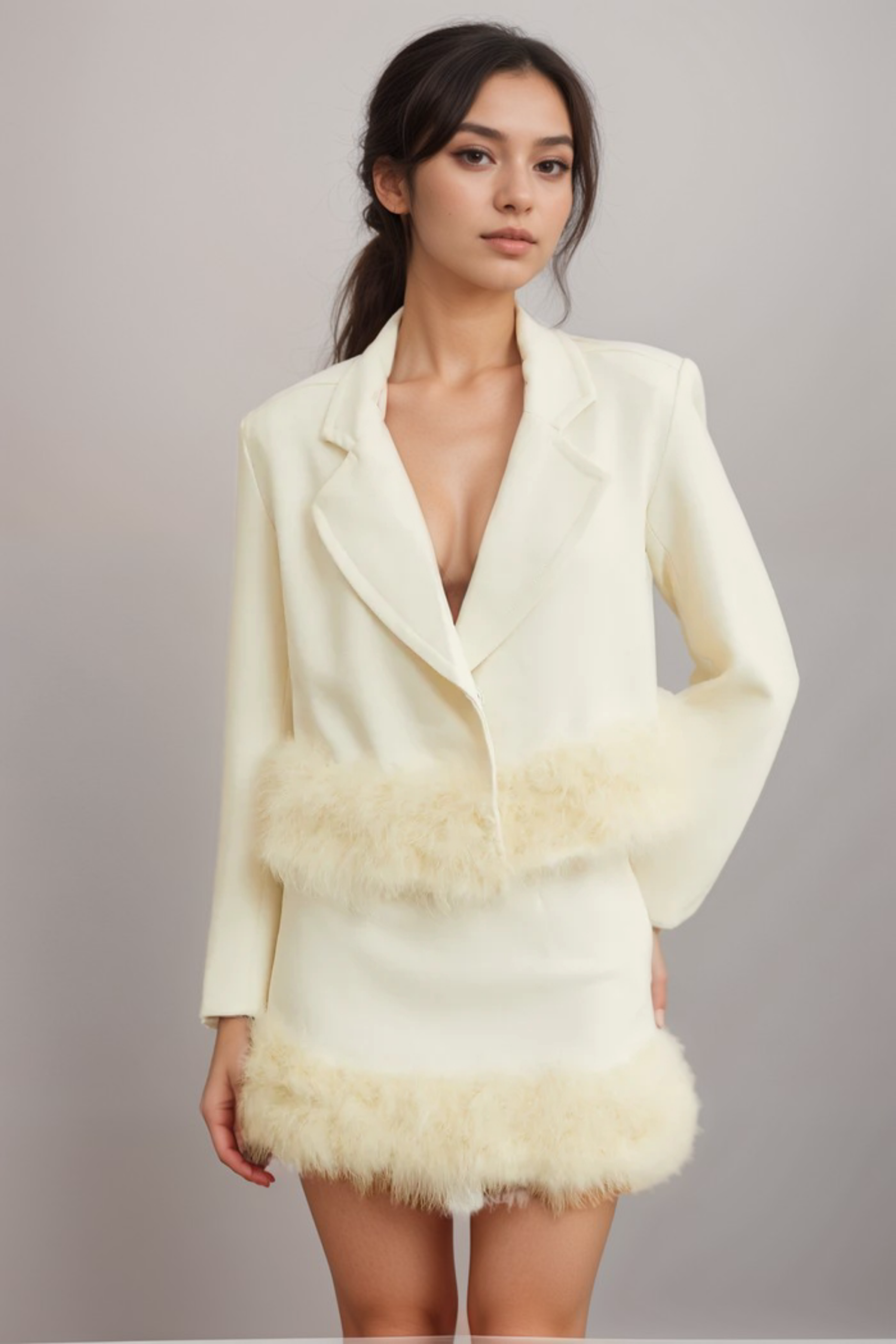 VALÉRIE FEATHER HEM BLAZER SKIRT SET