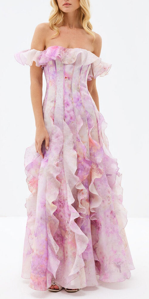 helen Floral Frill Off-Shoulder Maxi Dress in pink