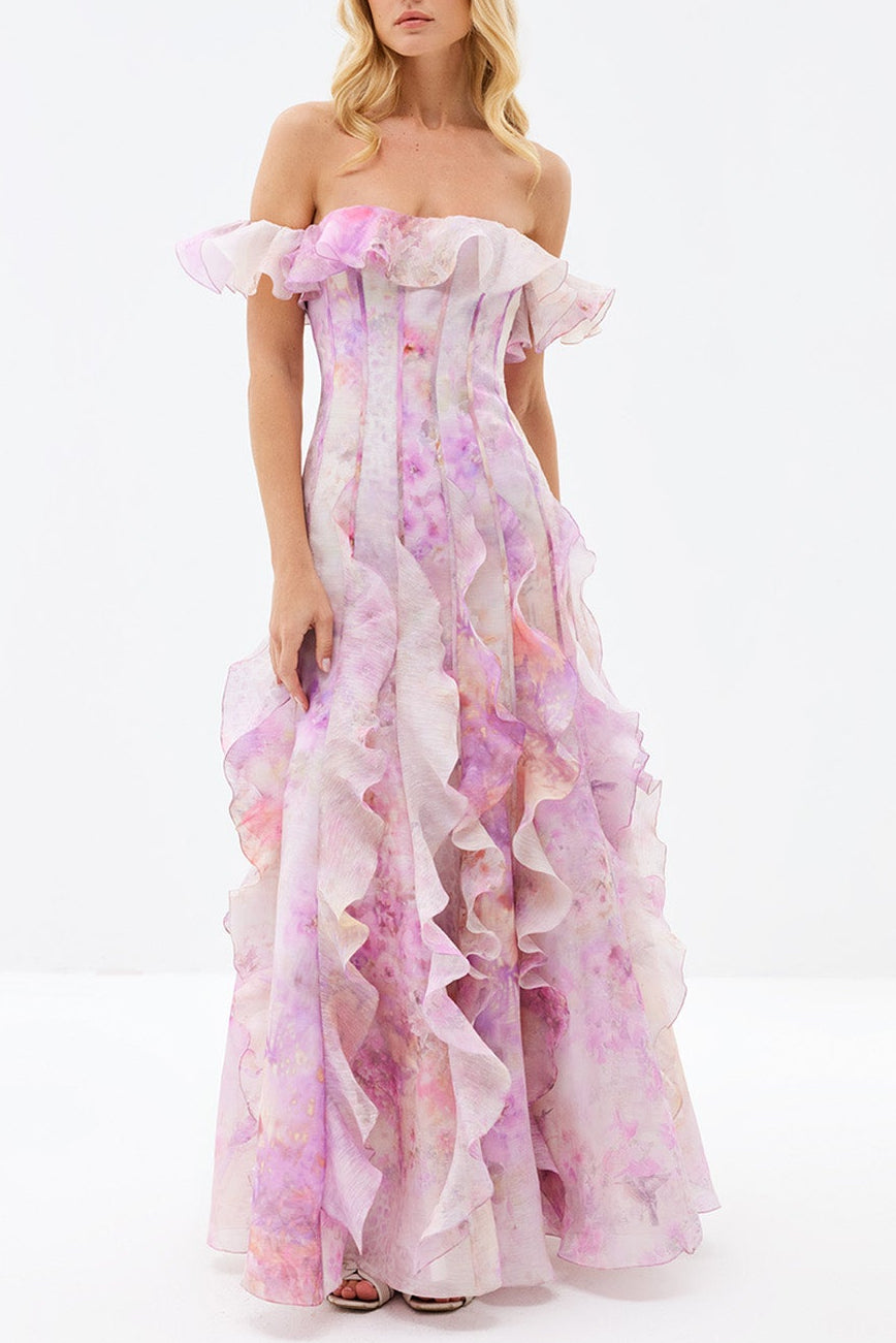 HELEN PINK FLORAL FRILL OFF-SHOULDER MAXI DRESS