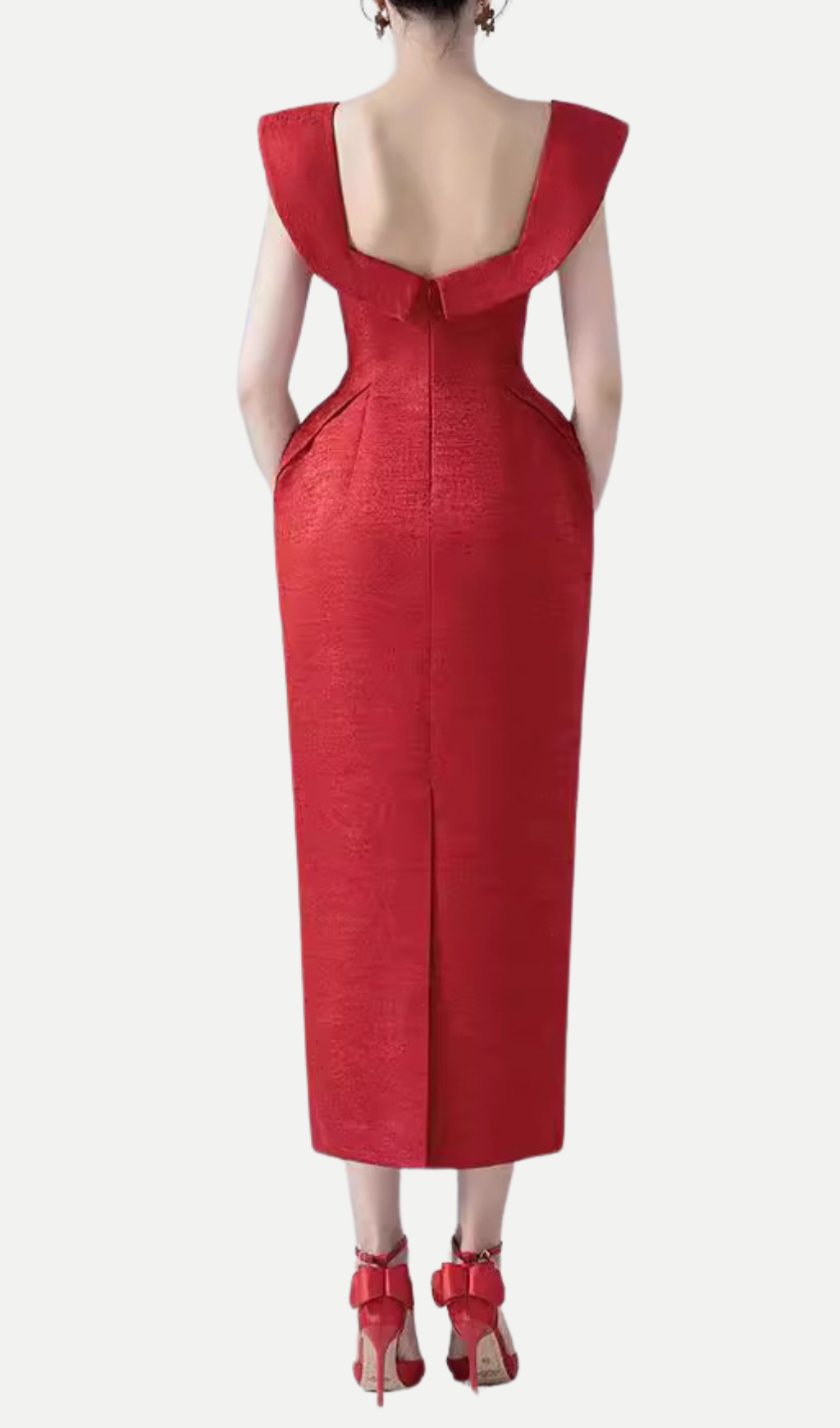 SQUARE NECK BOW MIDI DRESS - RED, DATE NIGHT