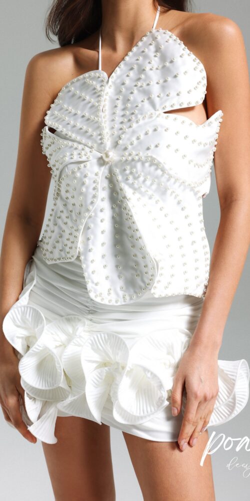 Sleeveless 3D Floral Pearl Top - White