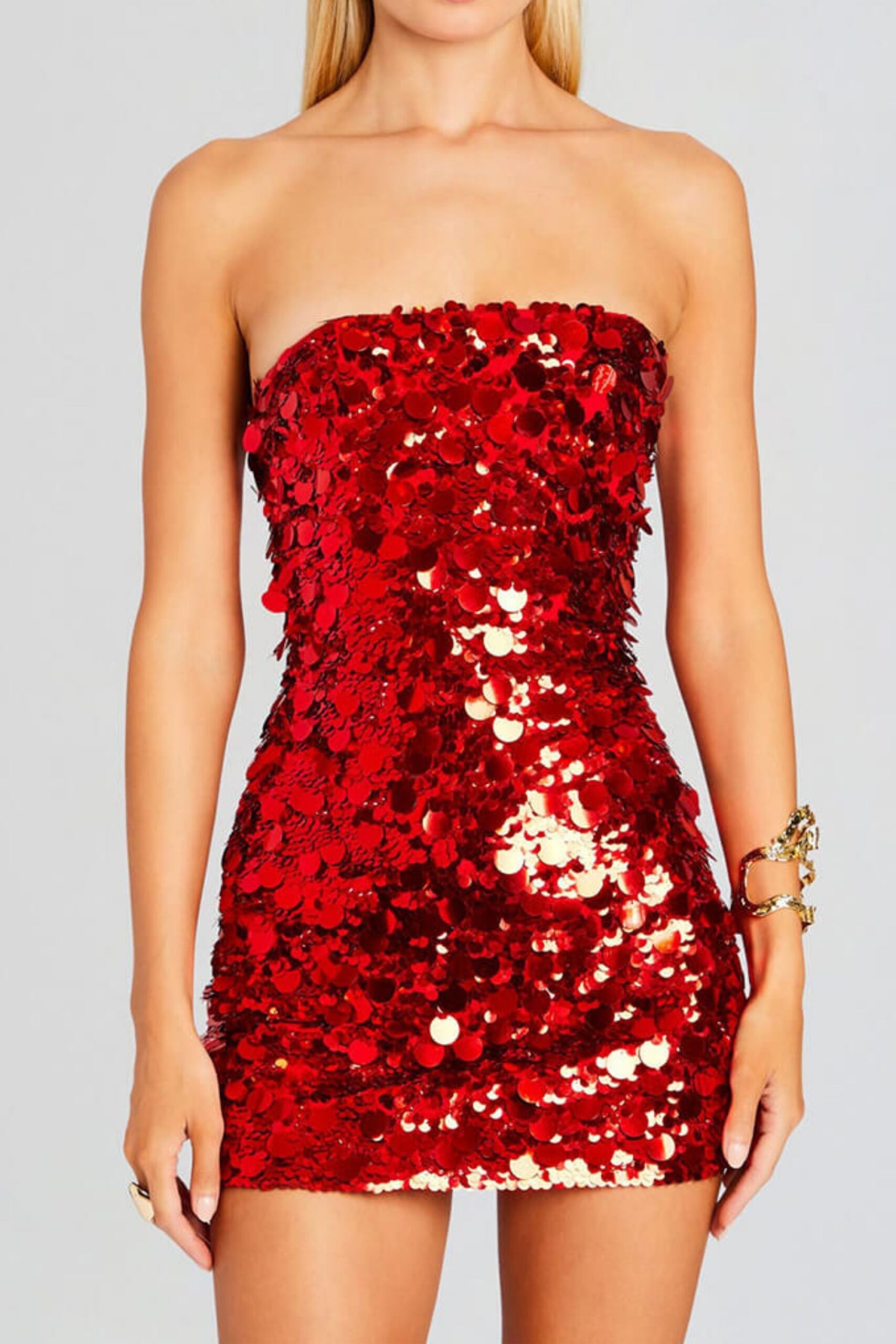 SEQUIN STRAPLESS RED MINI DRESS FOR PARTY