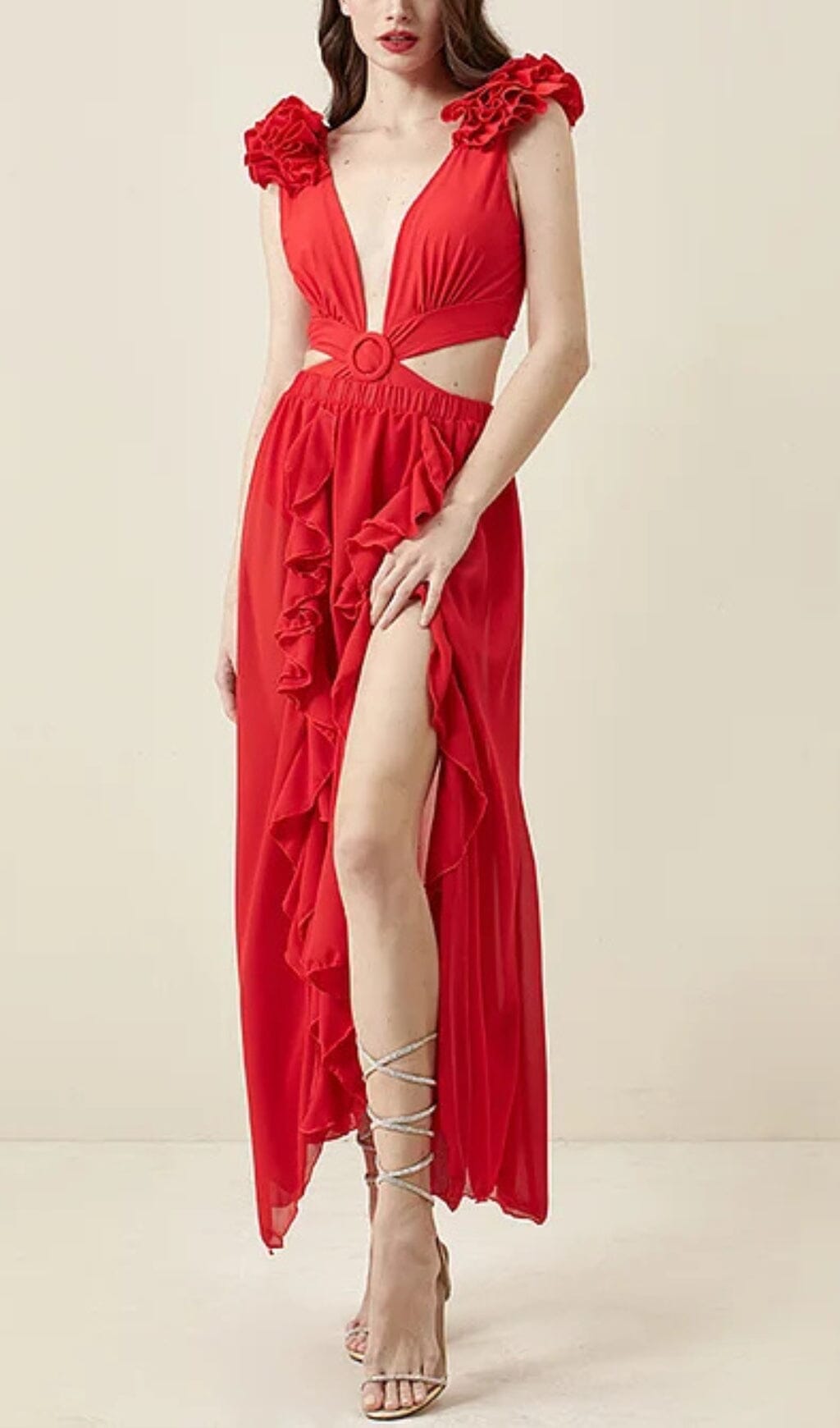 DEEP V RED CUTOUT ONE PIECE SWIMSUIT SKIRT SET