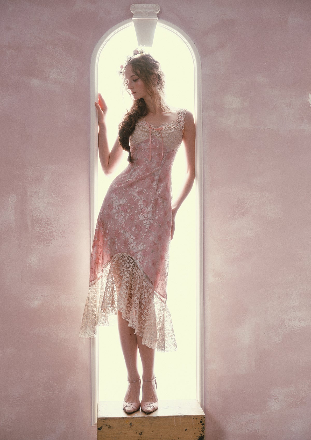 MANDY PINK FLORAL LACE MIDI DRESS FOR WEDDING