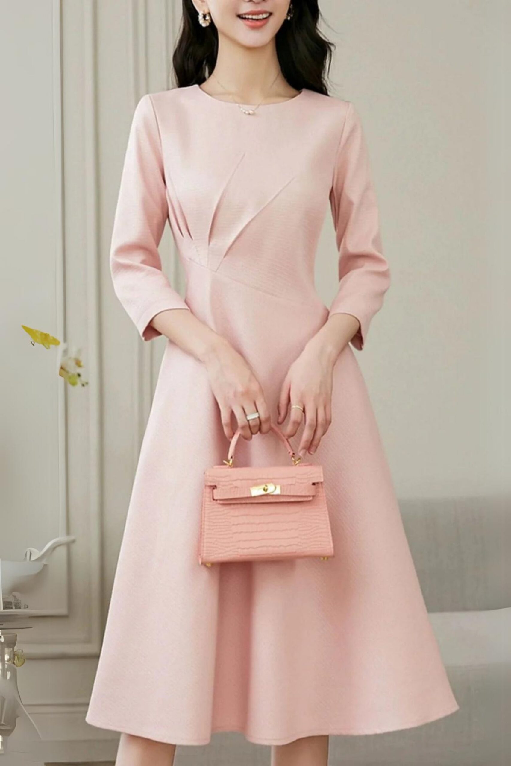ELEGANT PINK LONG SLEEVE MIDI DRESS FOR WEDDING GUEST