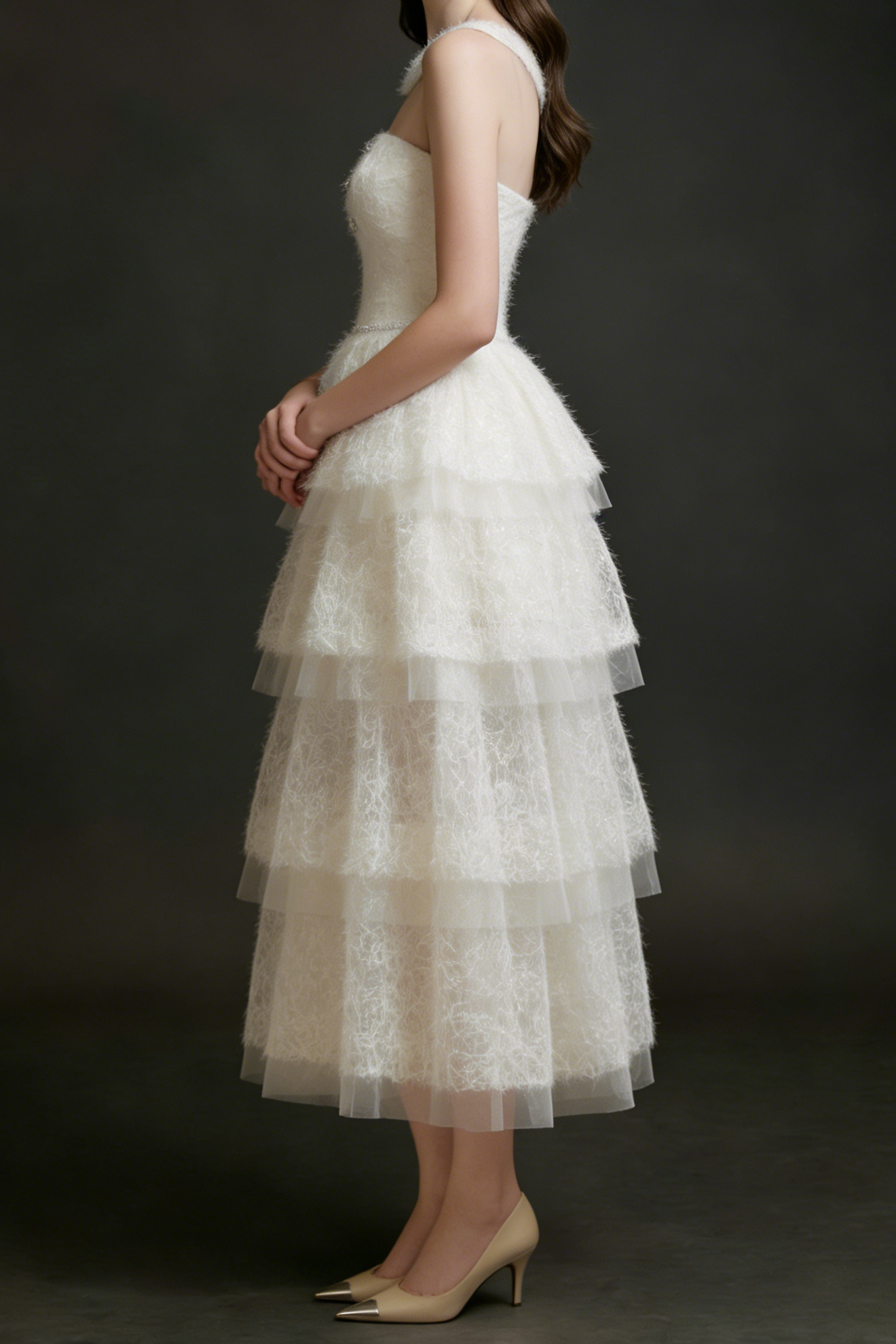 WHITE MESH LAYER DRESS WITH STITCHING DETAIL