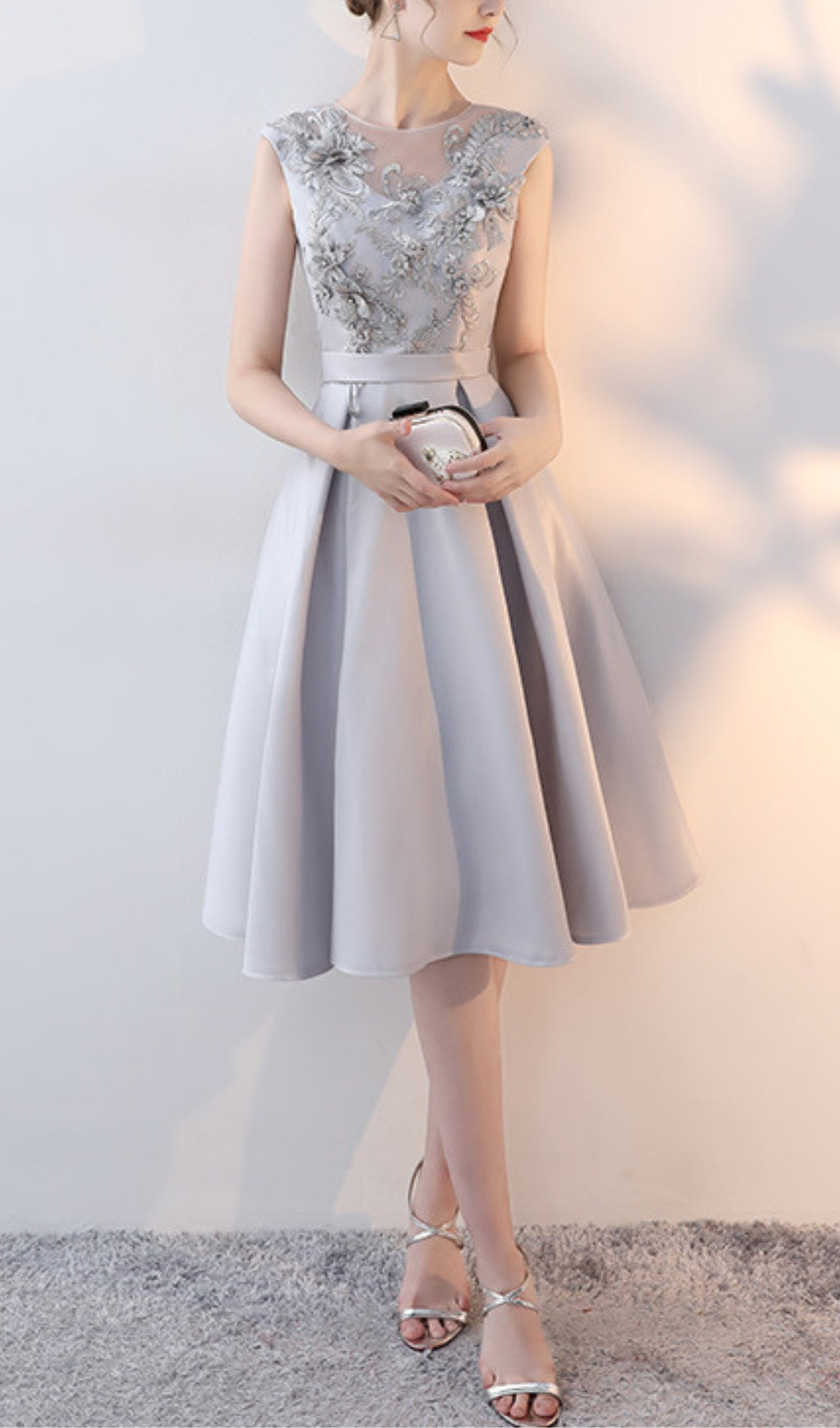 GRAY LACE MIDI DRESS FOR WEDDING GUEST