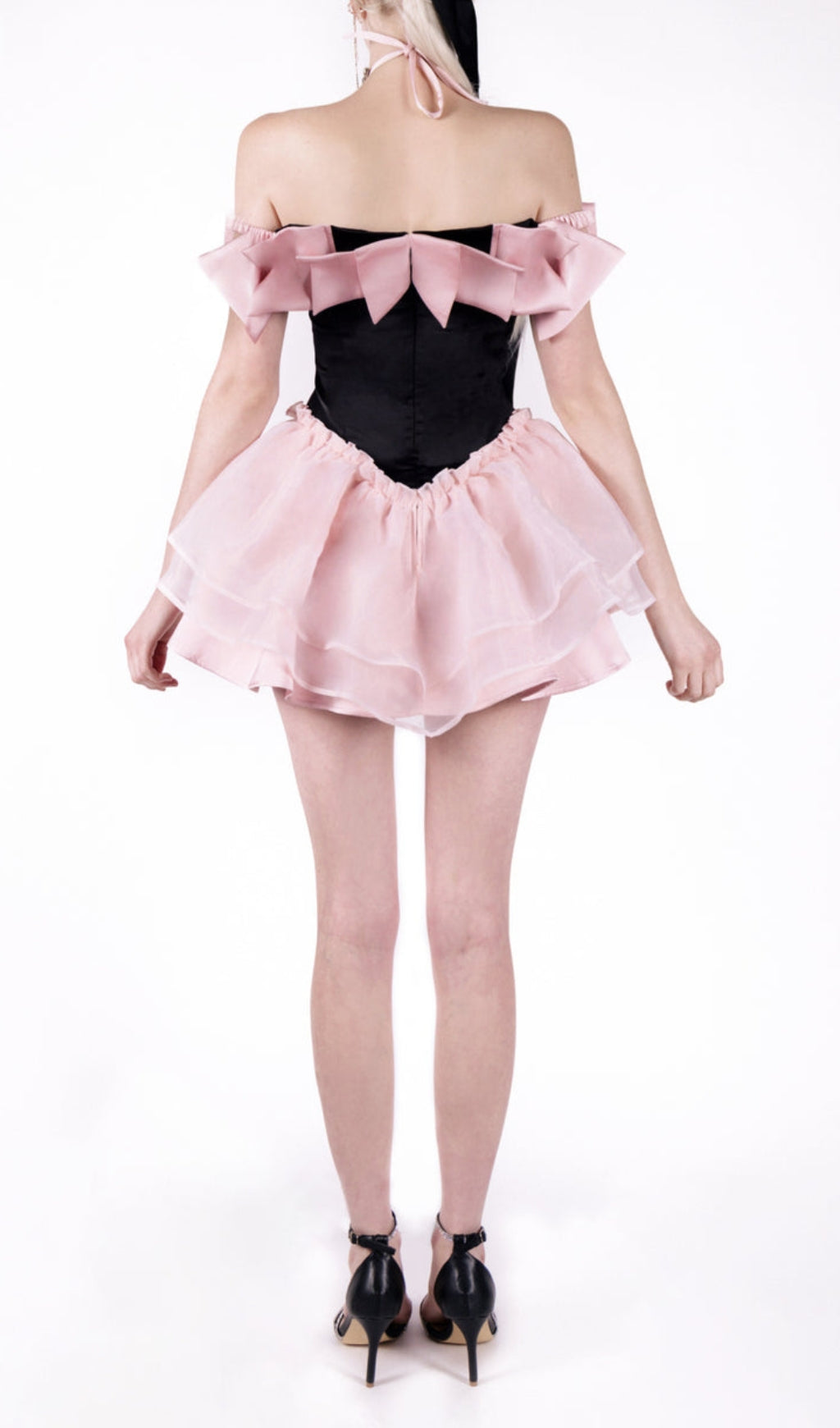 BLACK PINK BOW RHINESTONE FLARE PARTY DRESS