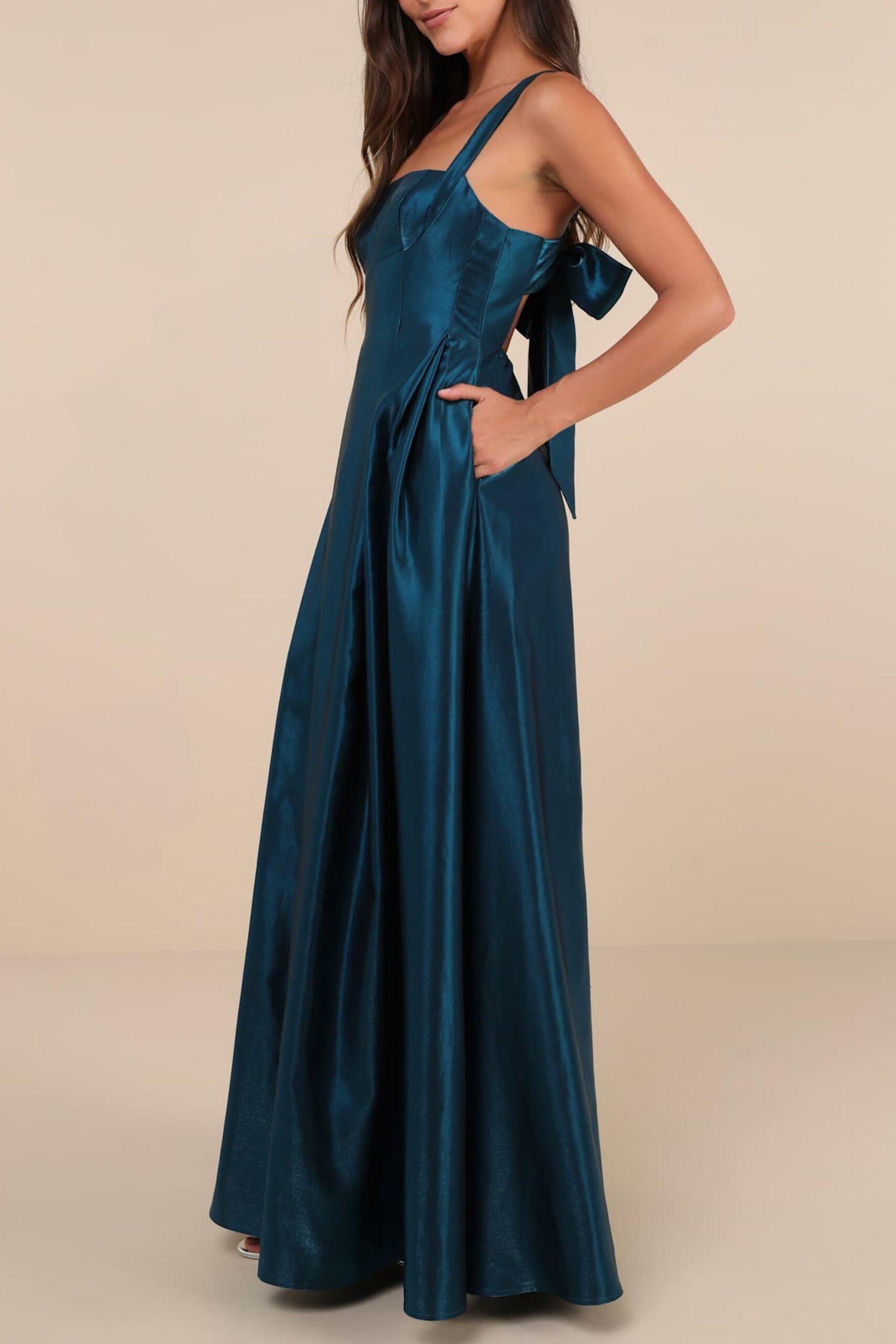 AURA SHINY TEAL TAFFETA MAXI DRESS WITH POCKETS