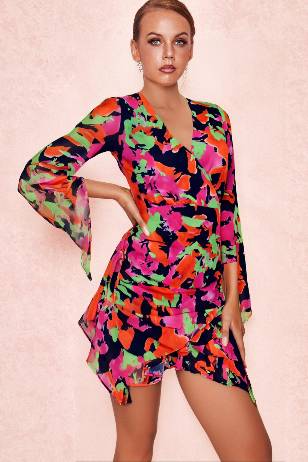 PRINTED RUFFLE MESH DRESS FOR PARTY