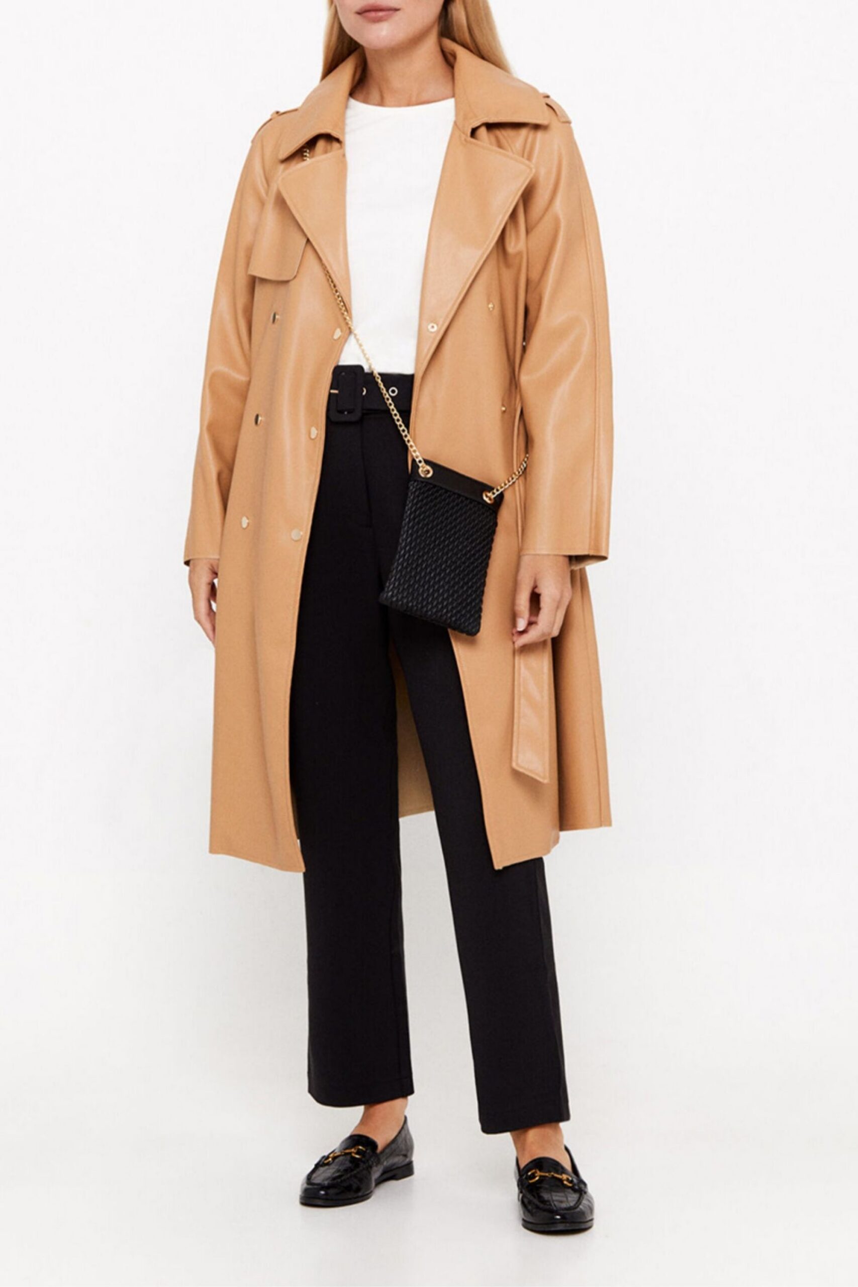 FAUX LEATHER DOUBLE-BREASTED COAT, BROWN YELLOW, AUTUMN