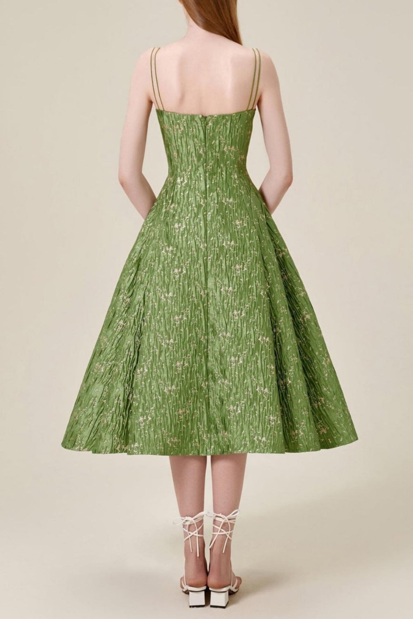 VINTAGE GREEN SUSPENDER JACQUARD MIDI DRESS
