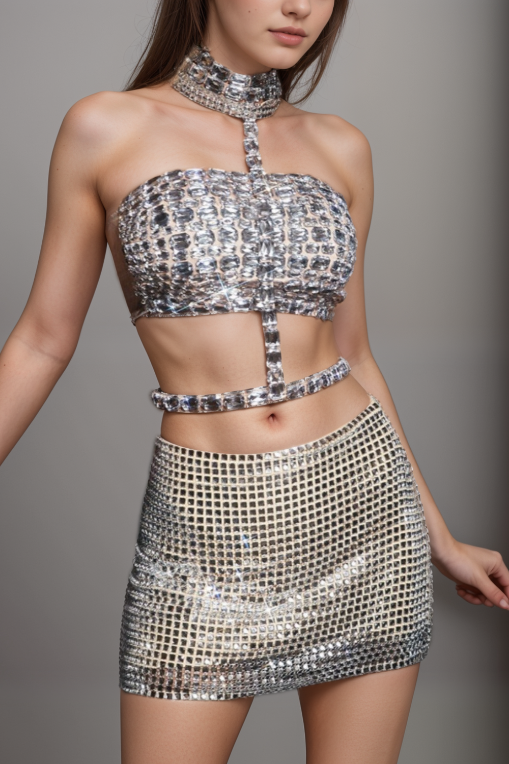 RHINESTONE CUTOUT CROP TOP FOR PARTY