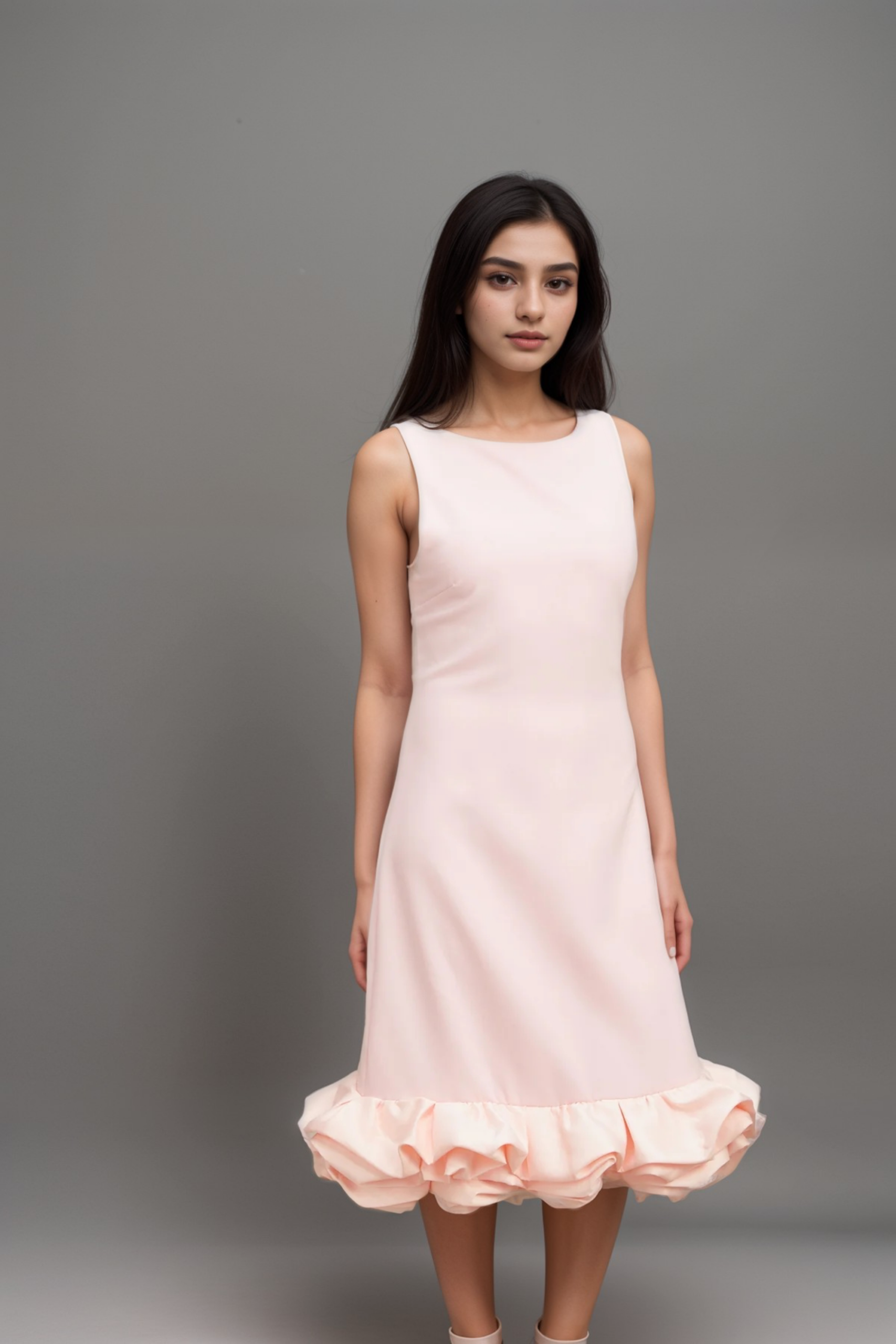 CHIC PINK RUFFLED SLEEVELESS MIDI DRESS