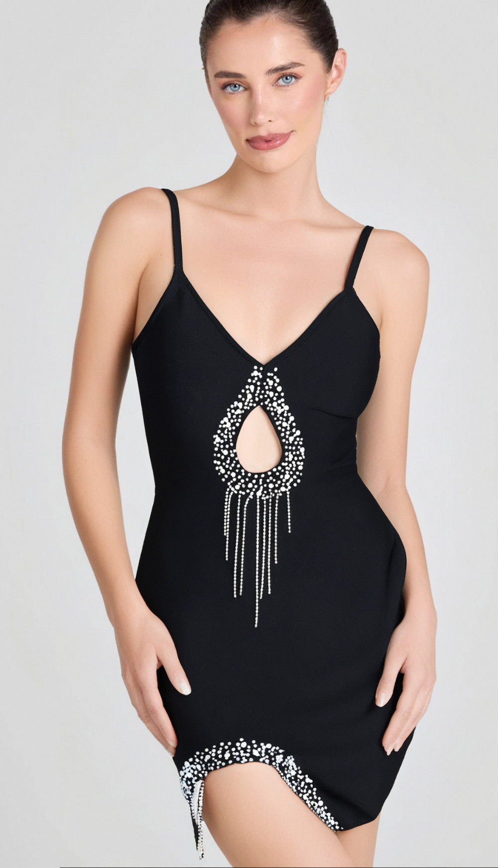 BLACK BANDAGE MINI DRESS WITH DIAMOND EMBELLISHMENT