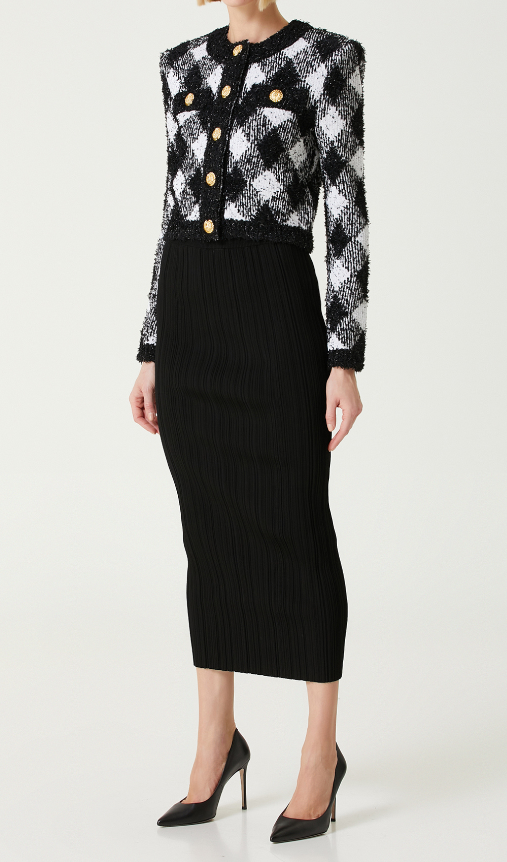 BLACK & WHITE GINGHAM TWEED CARDIGAN