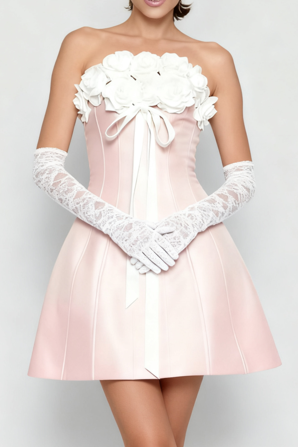 GLADYS STRAPLESS PINK 3D FLORAL CORSET A-LINE DRESS