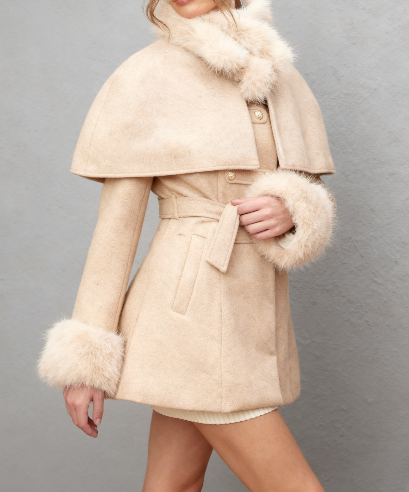 ROSELLA DETACHABLE CAPE FAUX FUR COAT