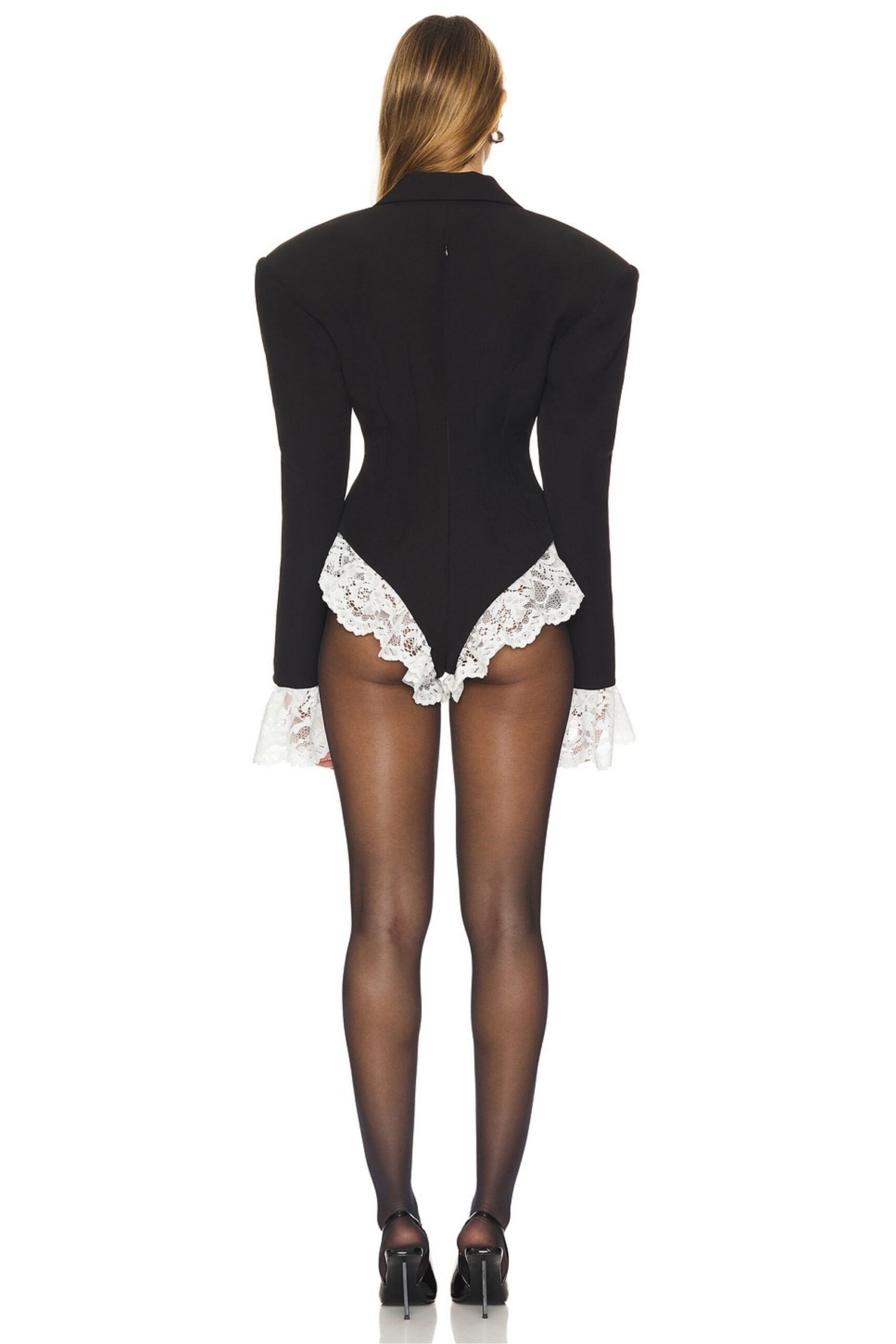 V-NECK LACE BLAZER JUMPSUIT, BLACK EVENING