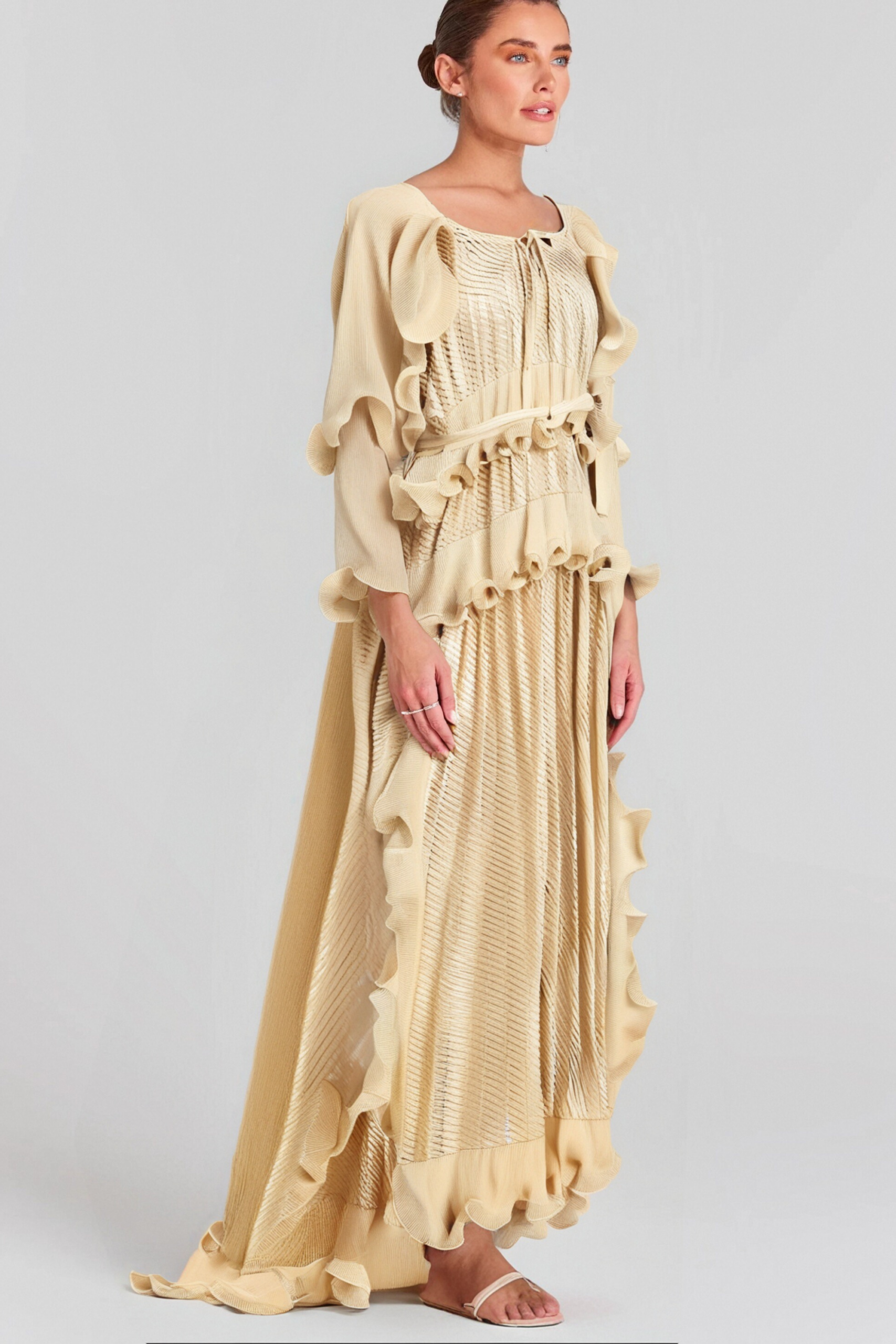 GILDED RUFFLED MIDI DRESS, NEUTRAL ELEGANCE