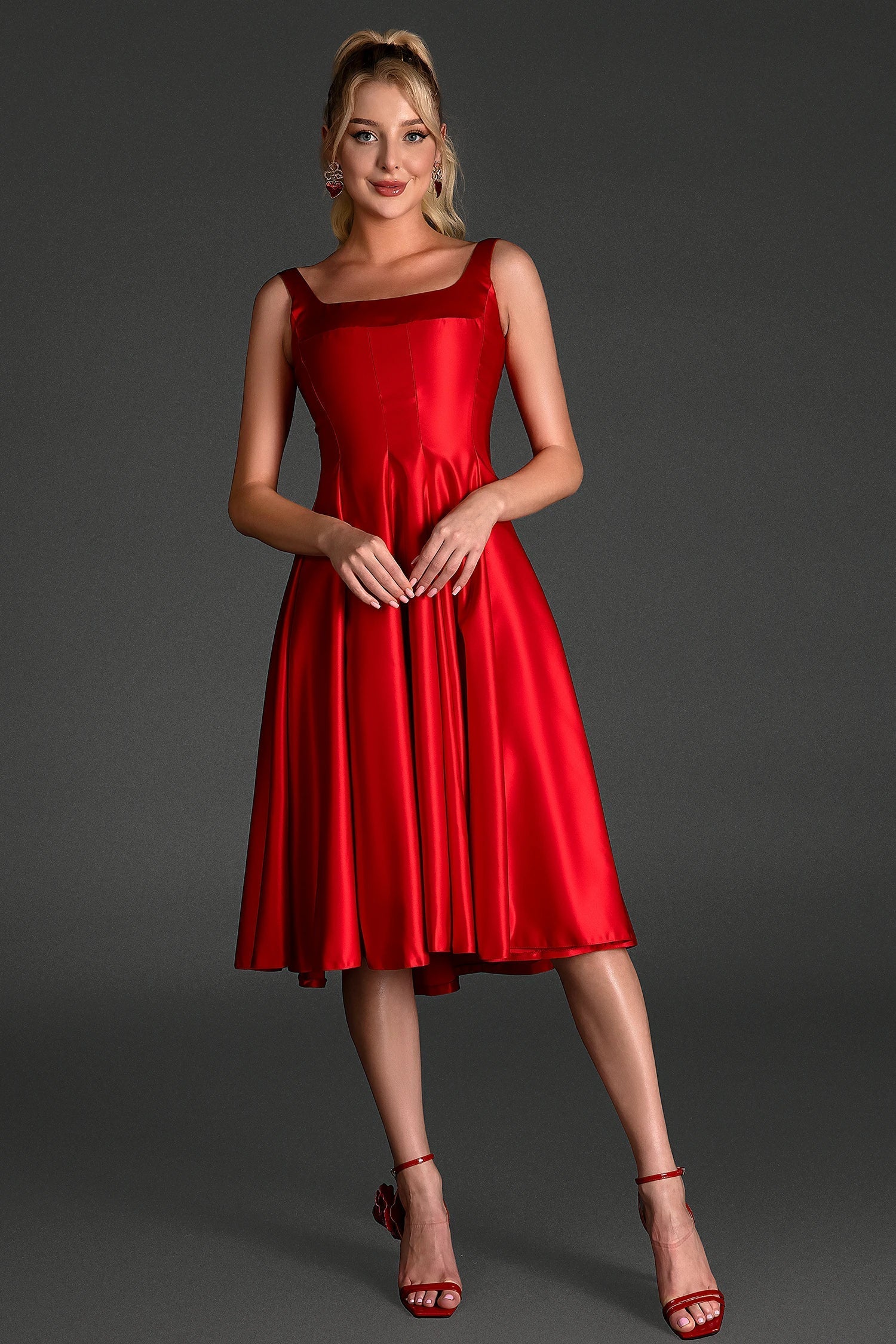 FILIO STRAP SATIN PATCHWORK DRESS IN RED