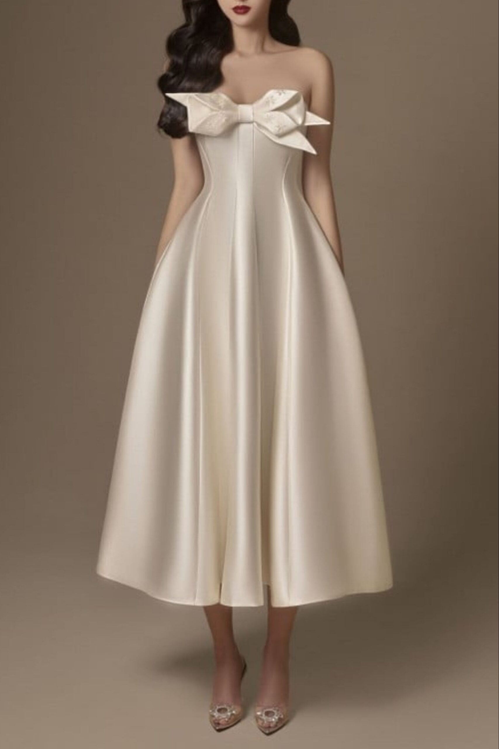 BEIGE FLARED SEMI-HEART NECK TAFFETA MIDI DRESS
