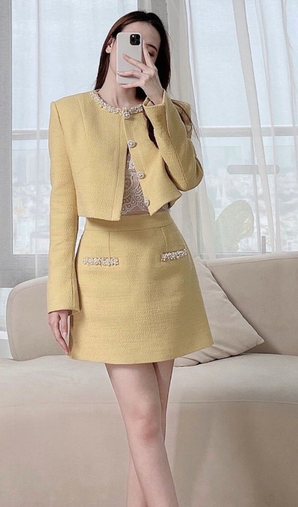 YELLOW LONG SLEEVE BLAZER SKIRT SET FOR WORK