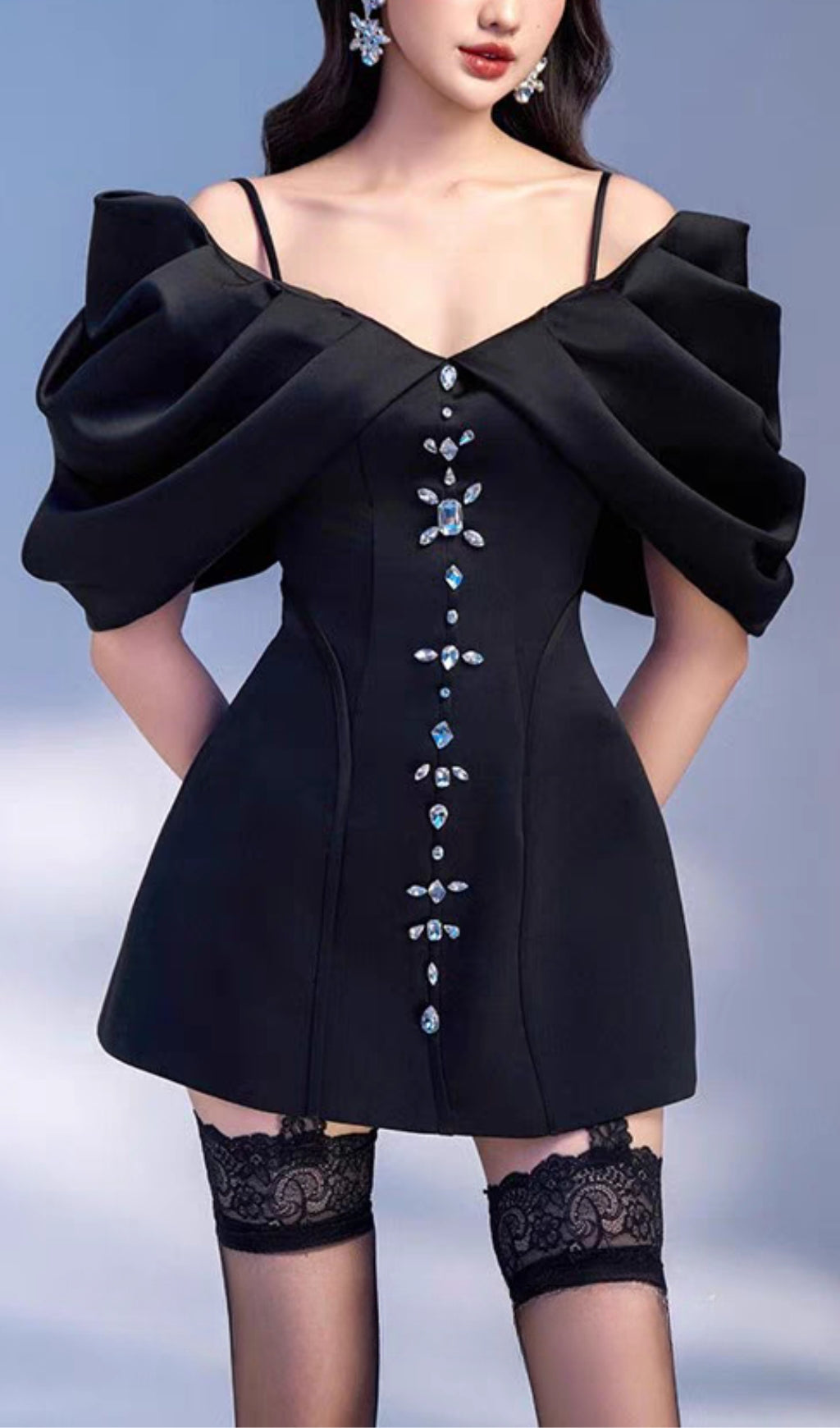 GLITTER BEADED STRAPLESS PLEATED MINI DRESS, BLACK COCKTAIL PARTY