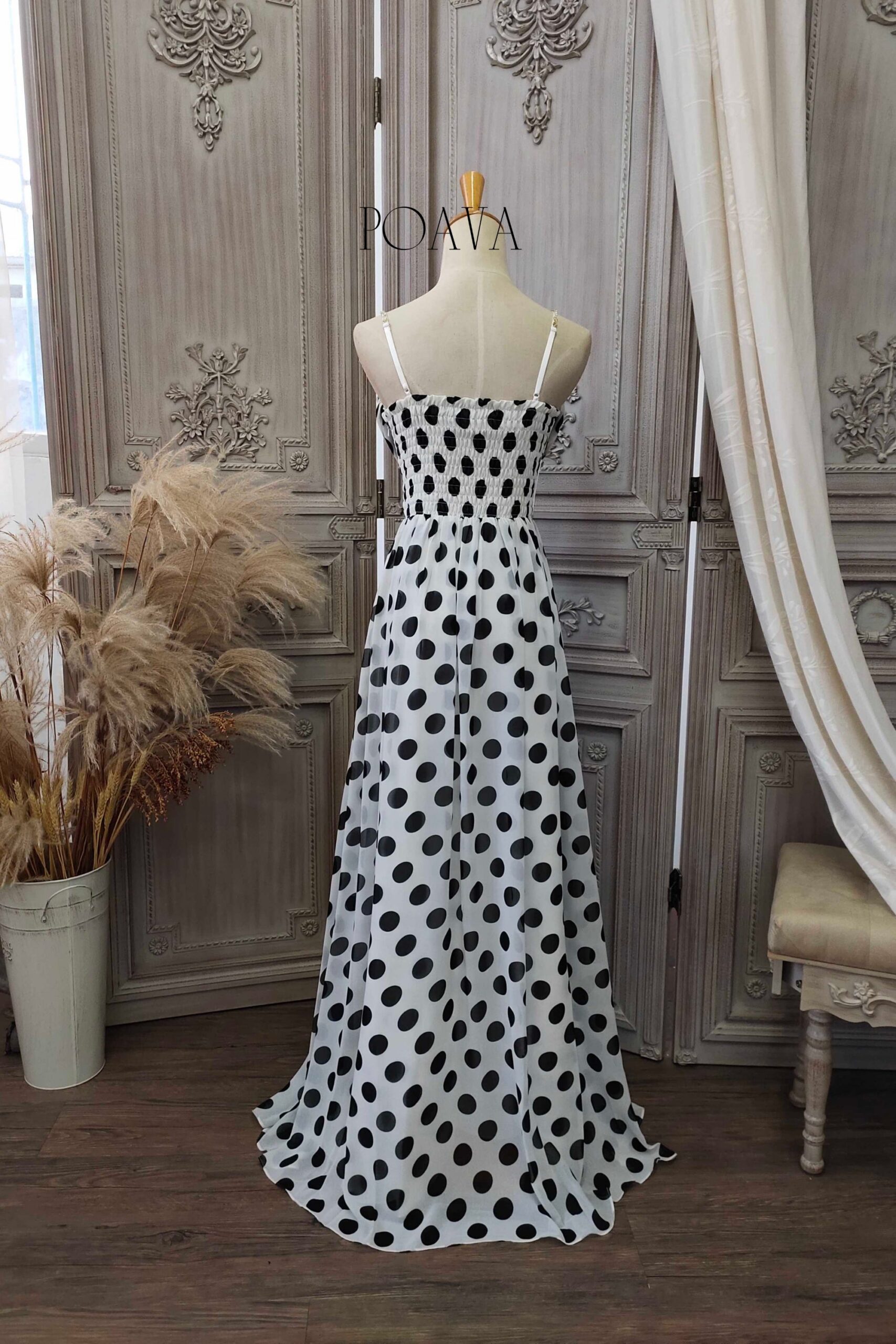 CHIFFON MAXI DRESS WITH BLACK DOTS FOR PARTY
