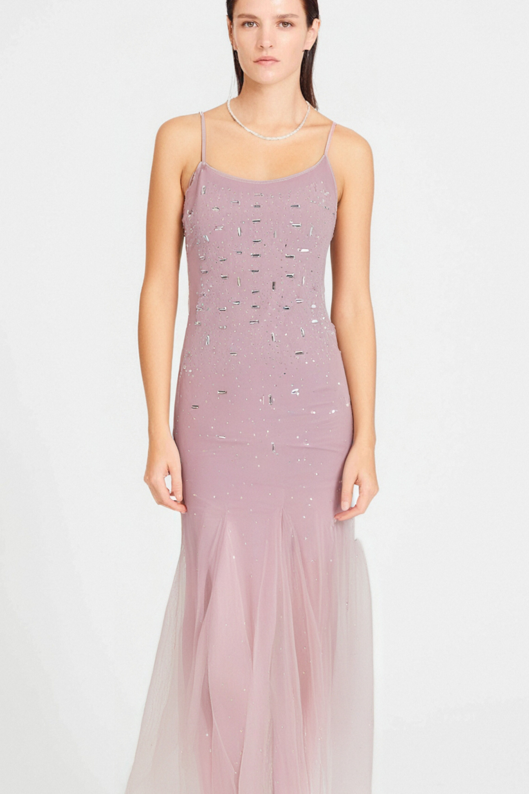 AXELLE PURPLE EMBELLISHED MESH MIDI DRESS