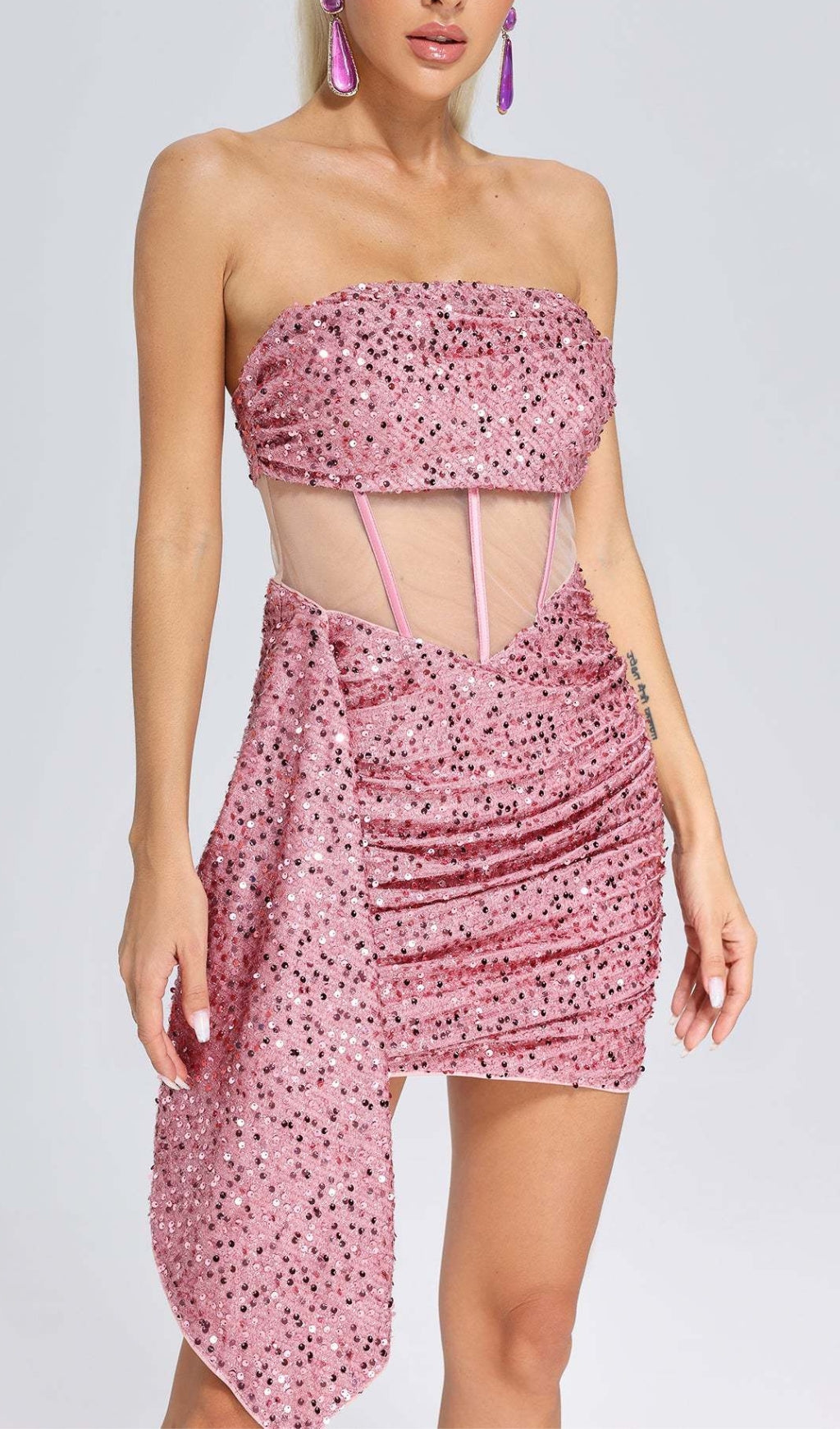 SEQUIN MESH RUCHED PARTY MINI DRESS