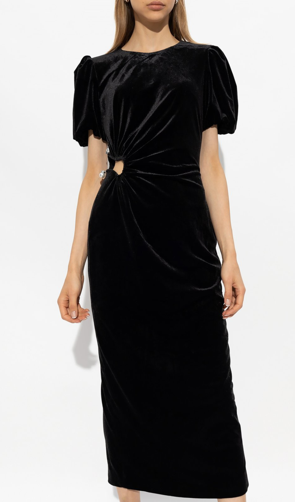 VELVET CUT-OUT PLEATED MIDI DRESS, BLACK
