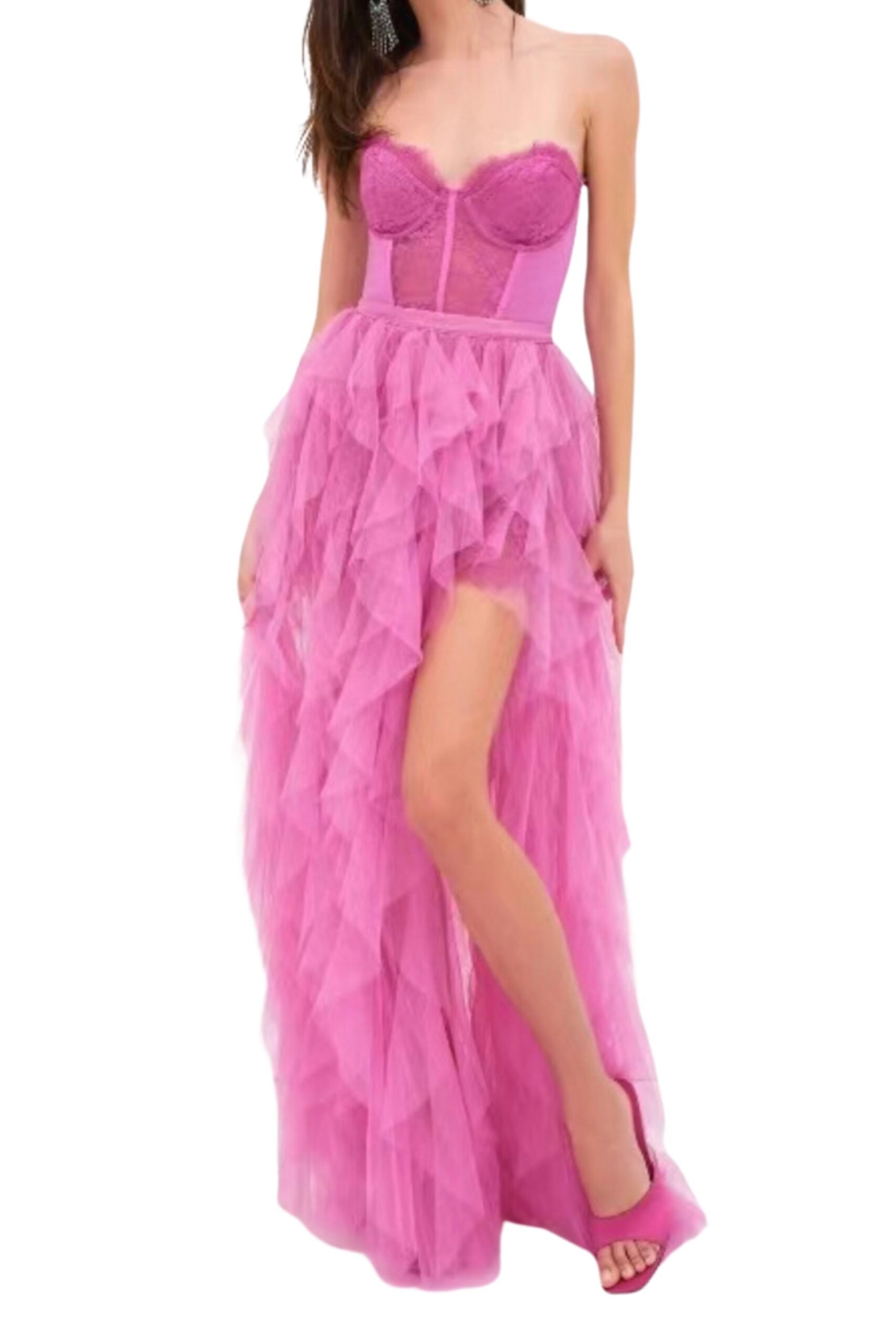 PINK STRAPLESS LACE PATCHWORK MAXI DRESS
