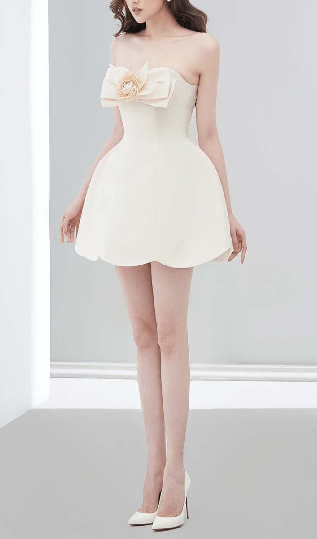 CREAM STRAPLESS MINI DRESS, 3D FLORAL BOW, SCALLOPED HEM