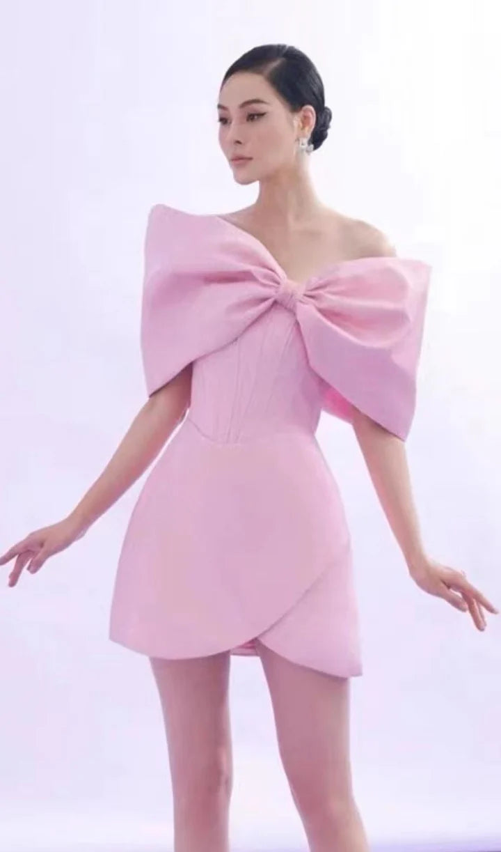 PINK OFF-SHOULDER BOW CORSET MINI DRESS