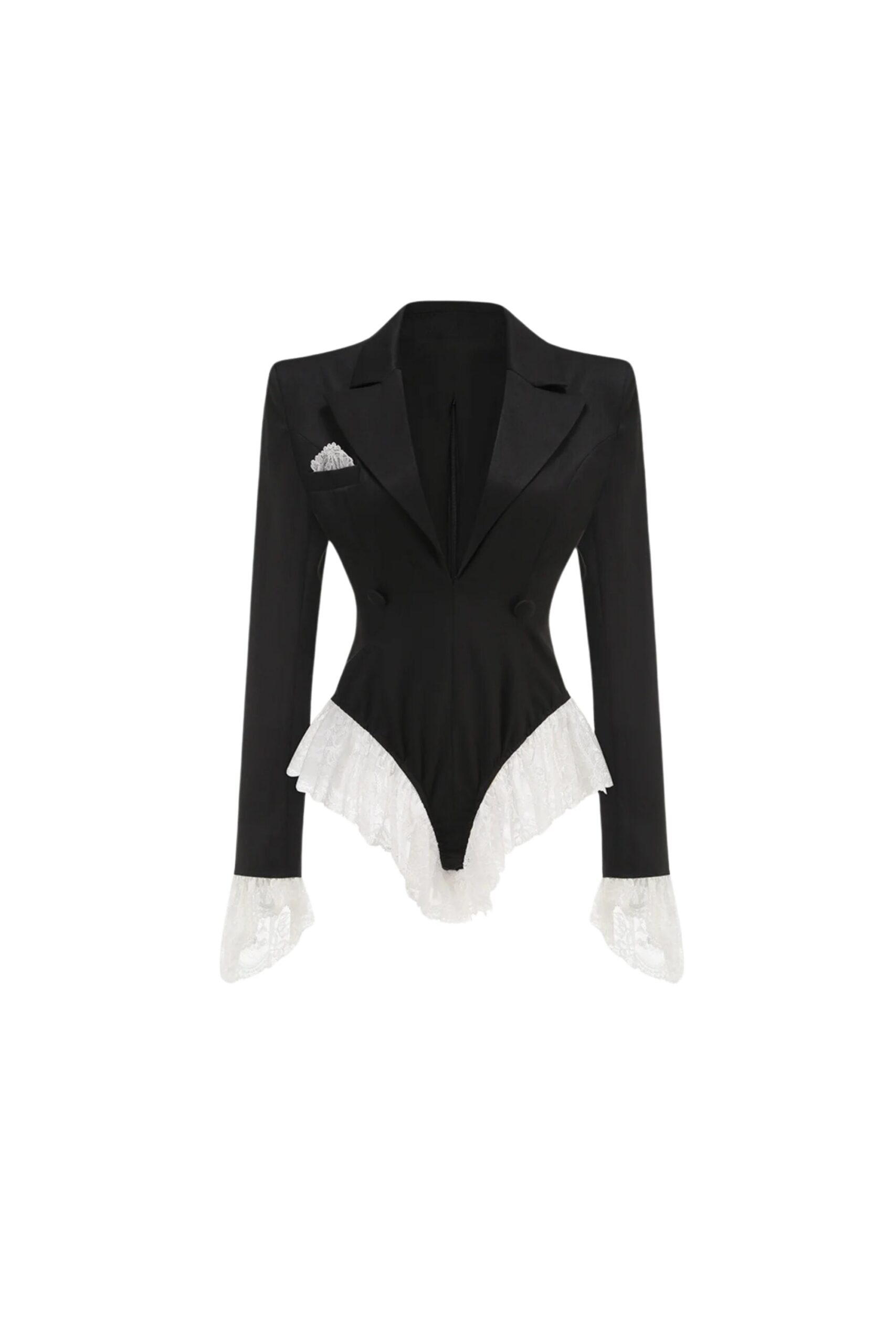 V-NECK LACE BLAZER JUMPSUIT, BLACK EVENING