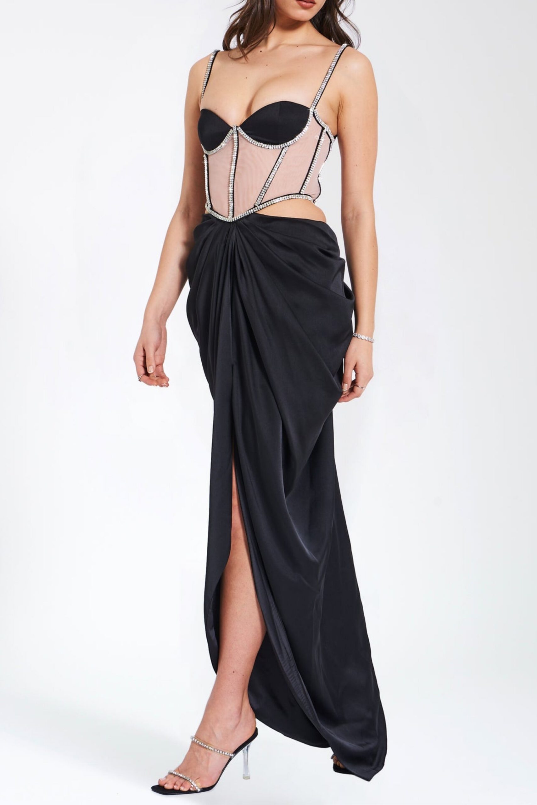 BLACK SATIN CRYSTAL CORSET DRESS FOR EVENING