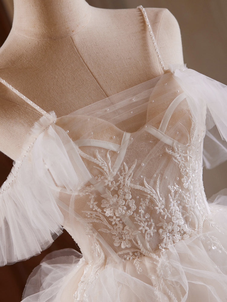 GLITTER BALL GOWN MINI DRESS IN CHAMPAGNE TULLE LACE