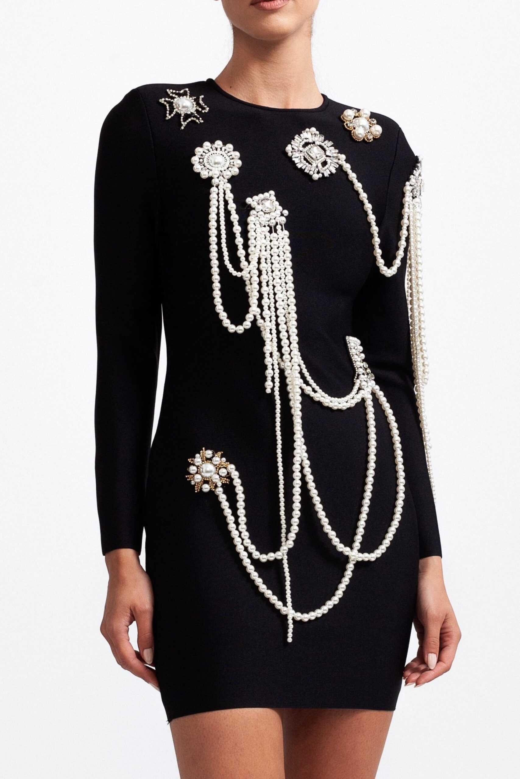 LONG SLEEVE PEARL MINI DRESS - BLACK