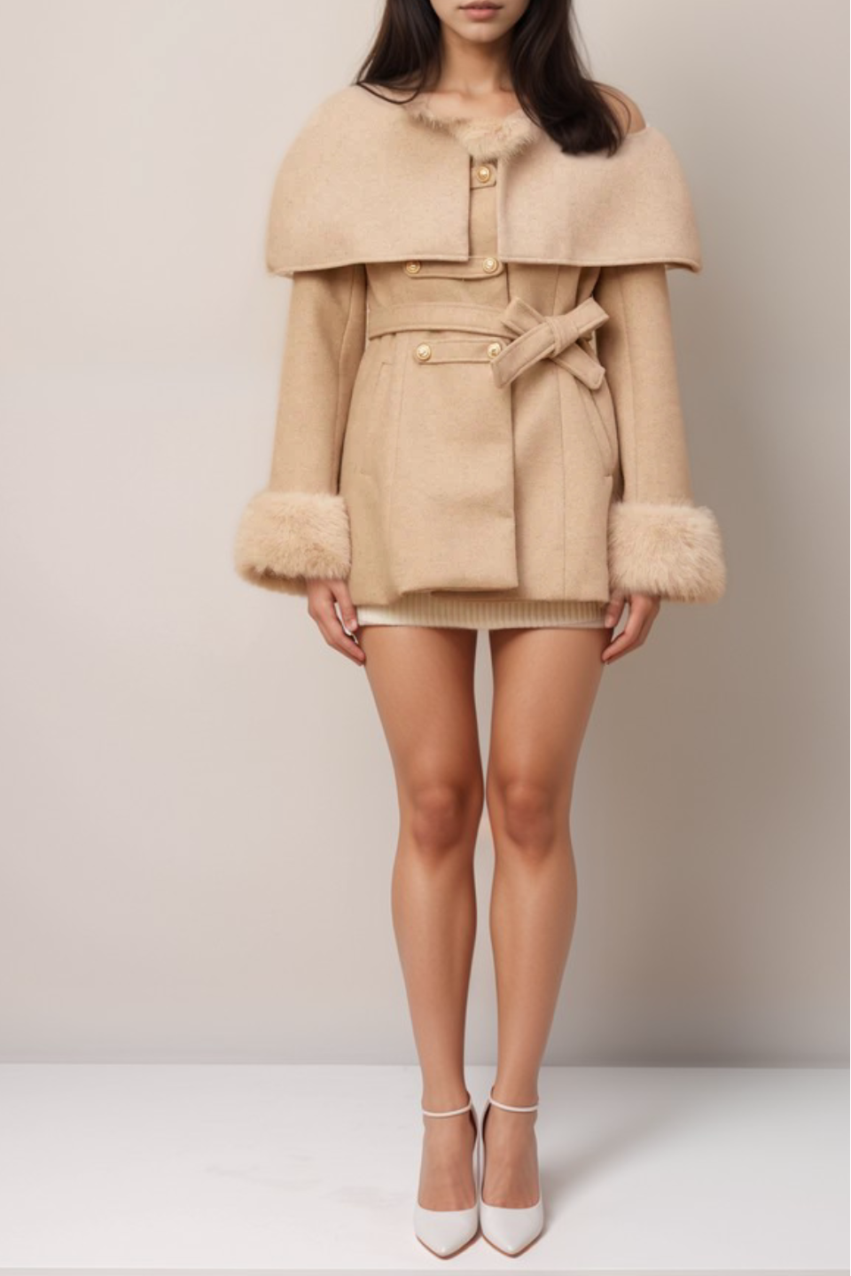ROSELLA DETACHABLE CAPE FAUX FUR COAT