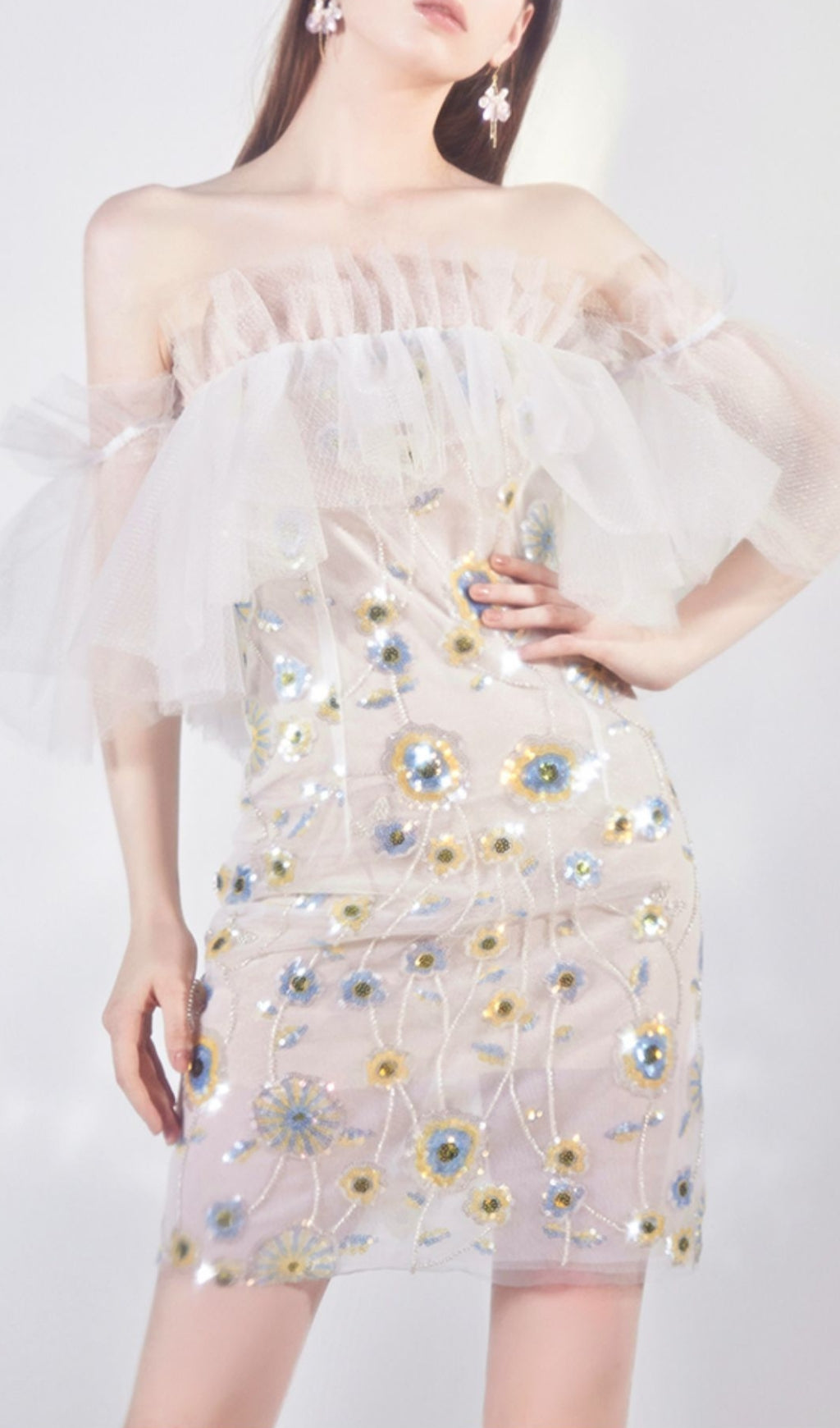 FLORAL SEQUIN MINI DRESS FOR PARTY WHITE
