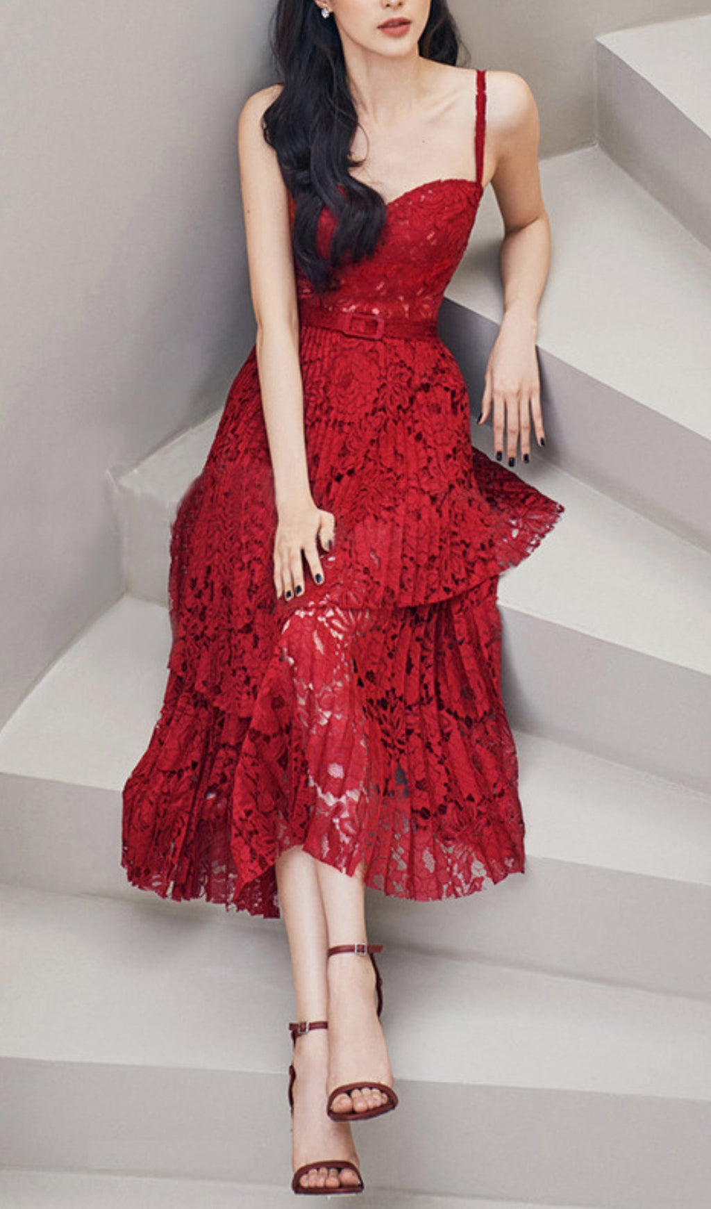 HOLLOW LACE SUSPENDER MIDI DRESS, RED, PARTY