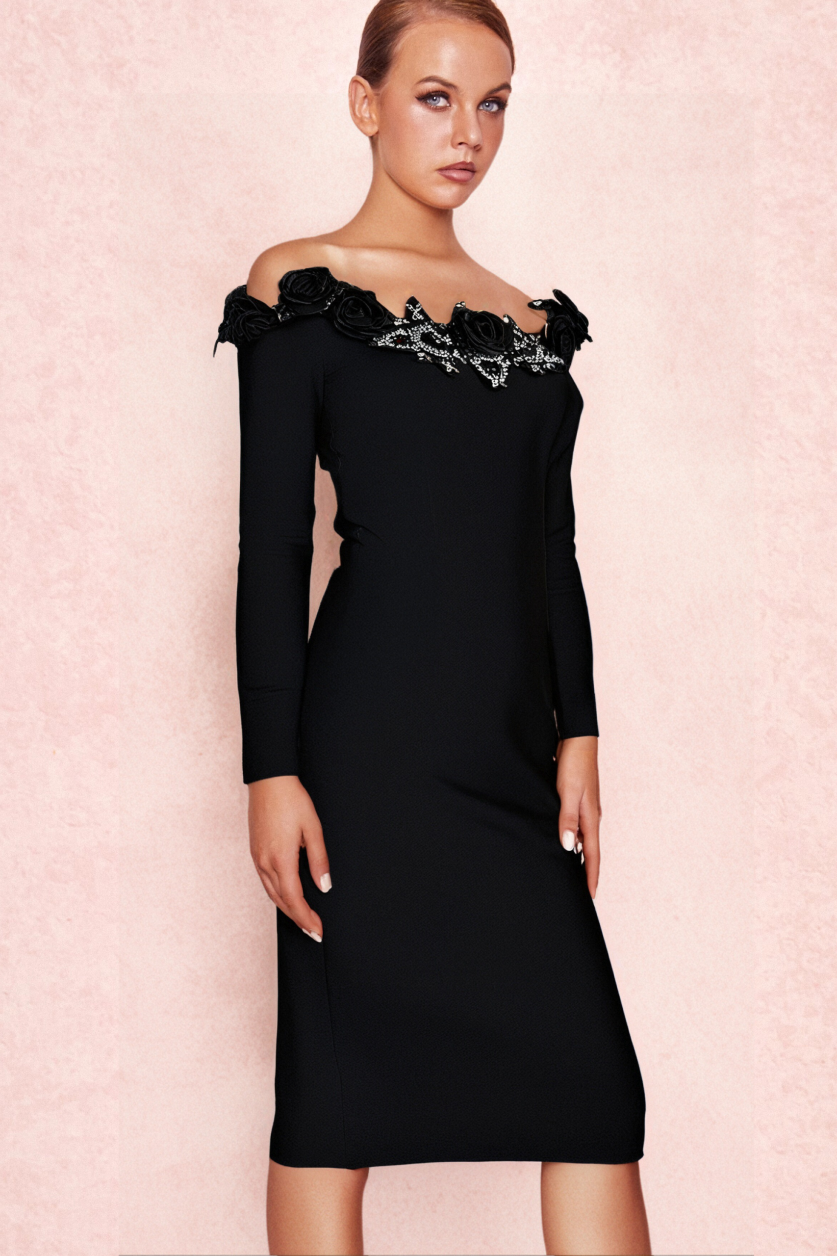 RUBIDES BLACK BANDAGE MIDI DRESS, BODYCON PARTY