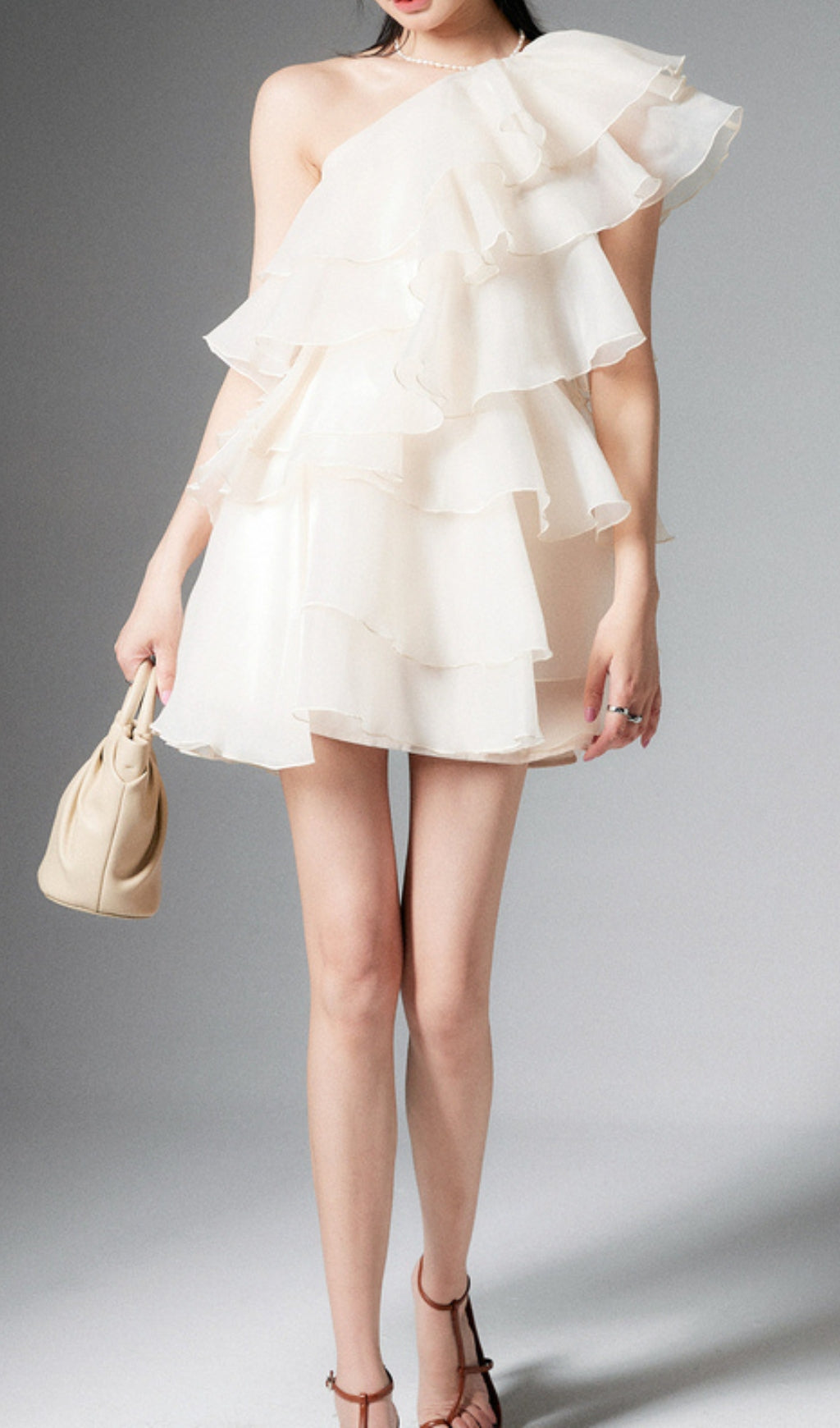 CAP SLEEVE ONE-SHOULDER TIERED MINI DRESS